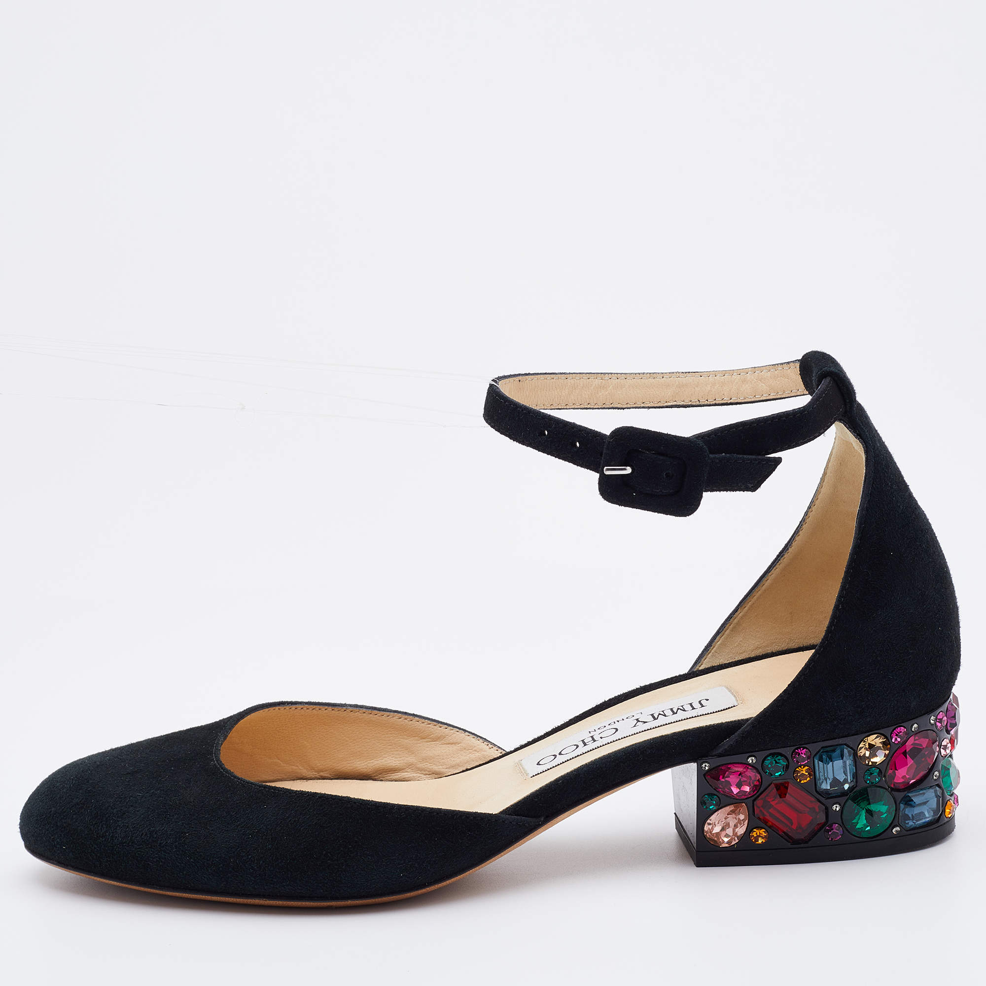 Pre Owned Jimmy Choo Black Suede Marnie Crystal Embellished Heel Ankle Strap Pumps Size 36