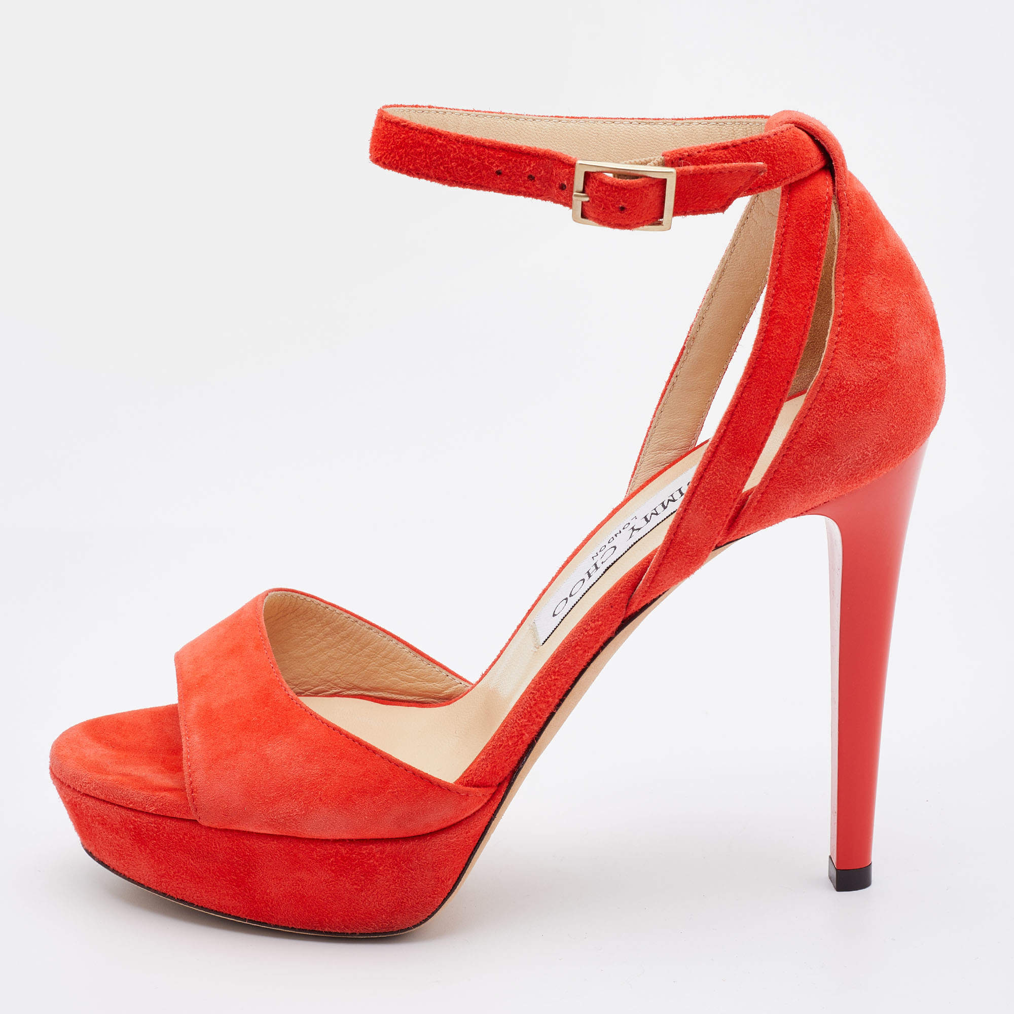 Pre Owned Jimmy Choo Orange Suede Platform Ankle Strap Sandals Size 37
