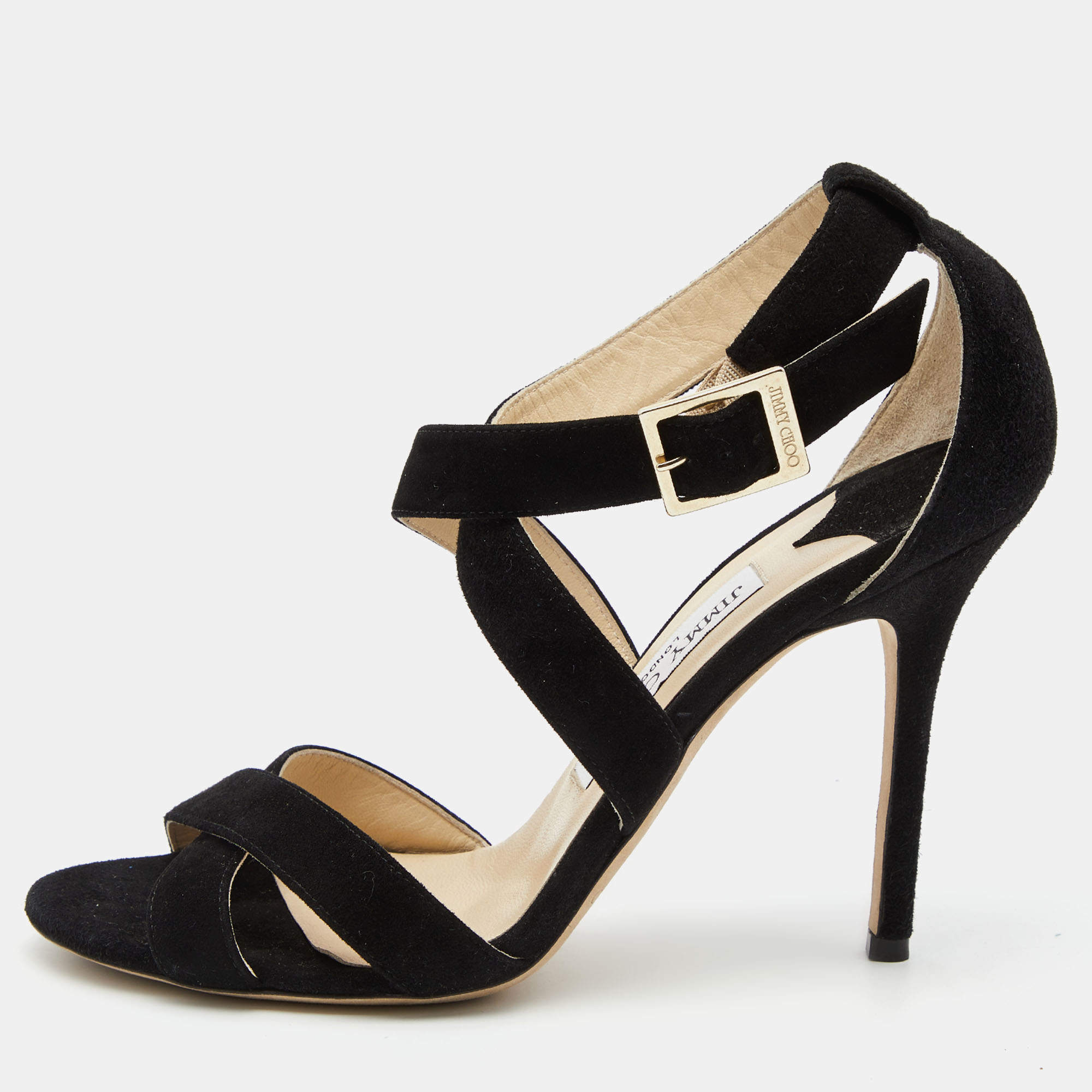 Pre Owned Jimmy Choo Black Suede Lottie Ankle Strap Sandals Size 38