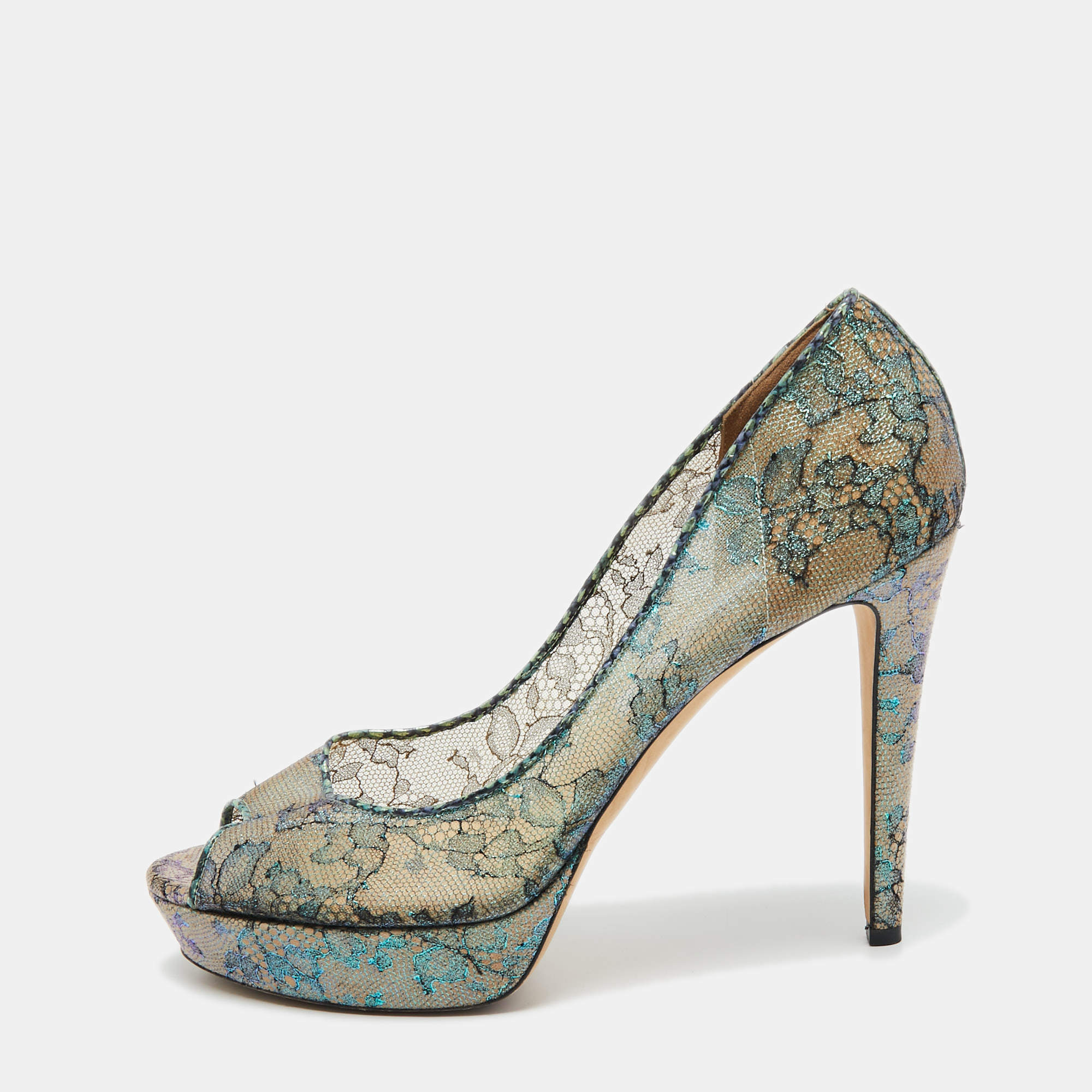 Pre Owned Jimmy Choo Metallic Lace Dahlia Peep Toe Platform Pumps Size 41