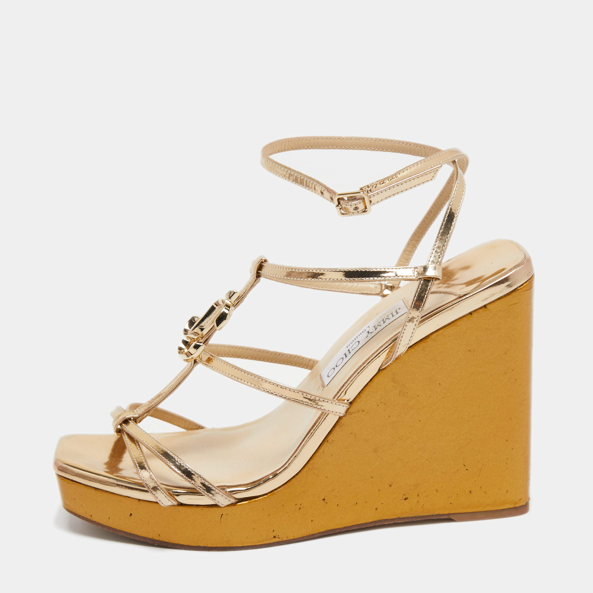Pre Owned Jimmy Choo Gold Leather JC Emblem Wedge Sandals Size 39