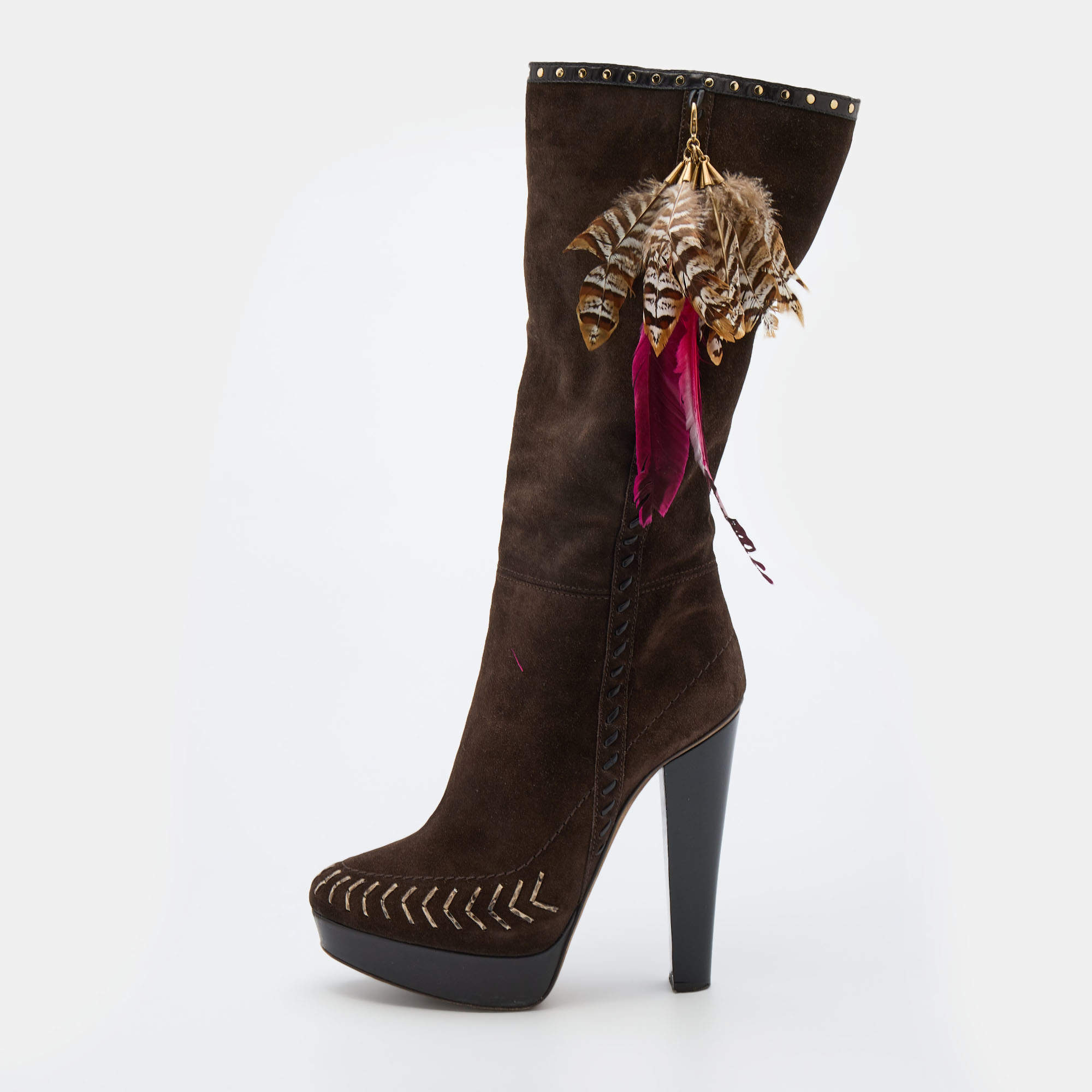 Pre Owned Jimmy Choo Dark Brown Suede Knee Length Platform Boots Size 38.5