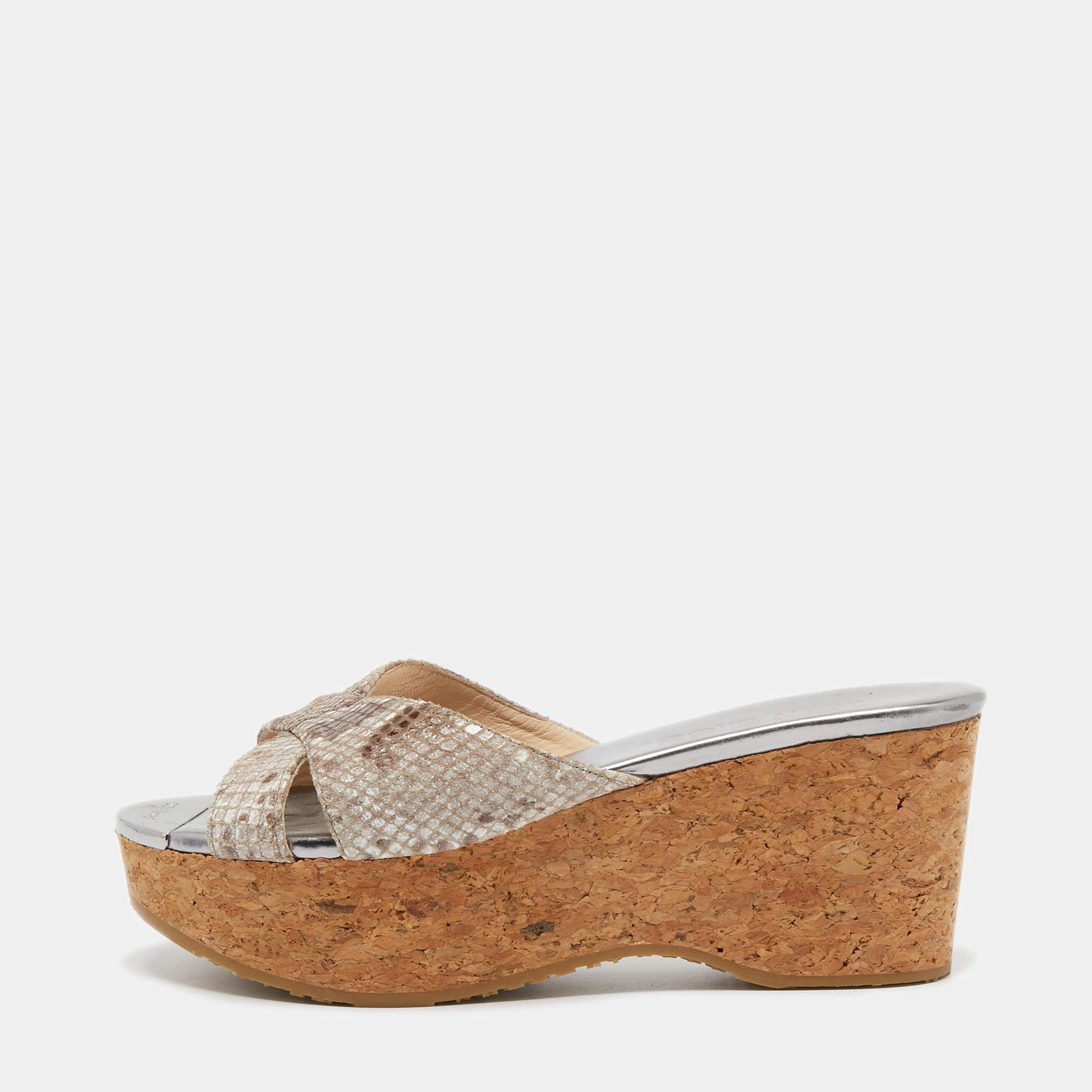 Pre Owned Jimmy Choo Brown/Beige Python Embossed Leather Prima Wedge Sandals Size 37.5