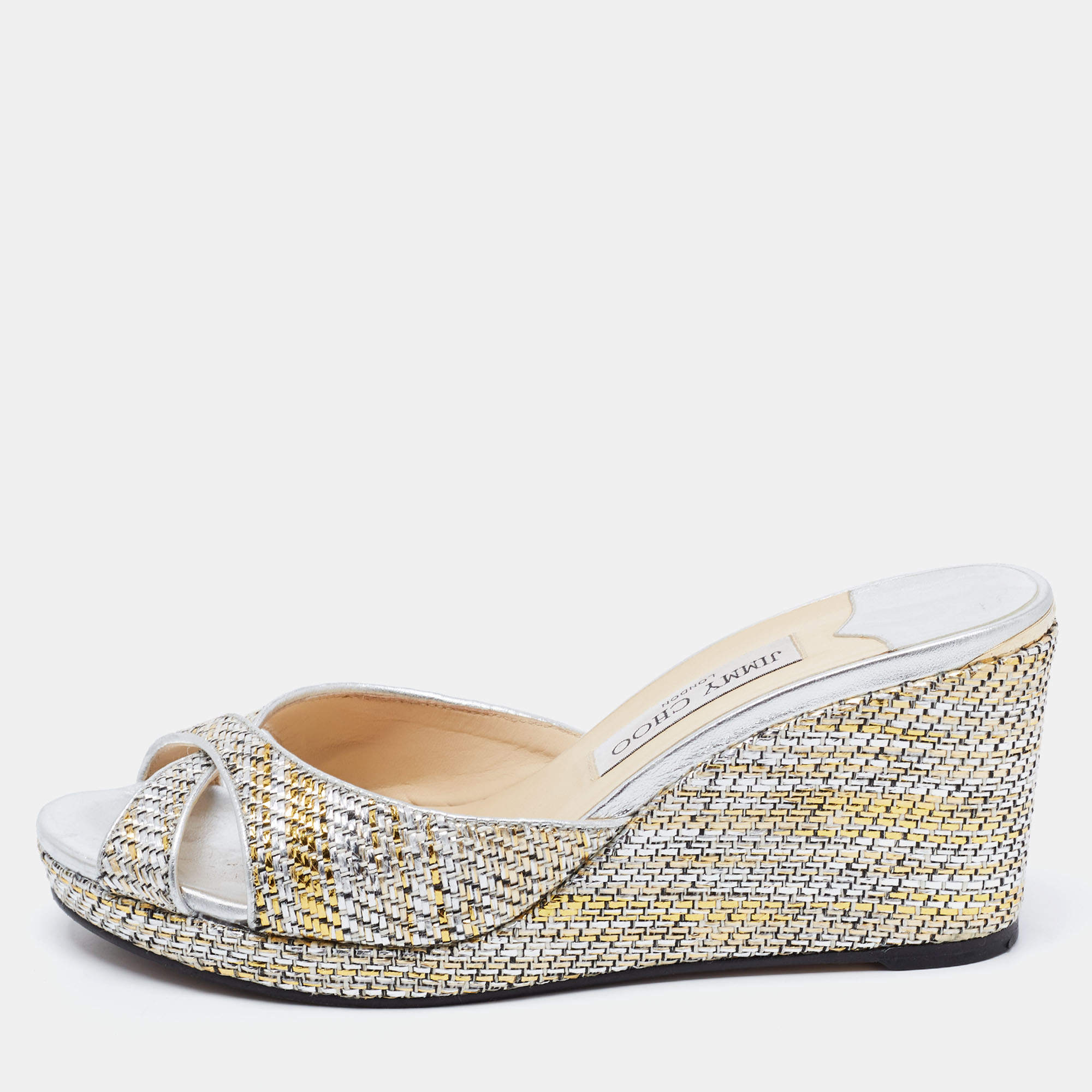 مملوكة مسبقًا Jimmy Choo Silver Fabric and Leather Sandals Size 40