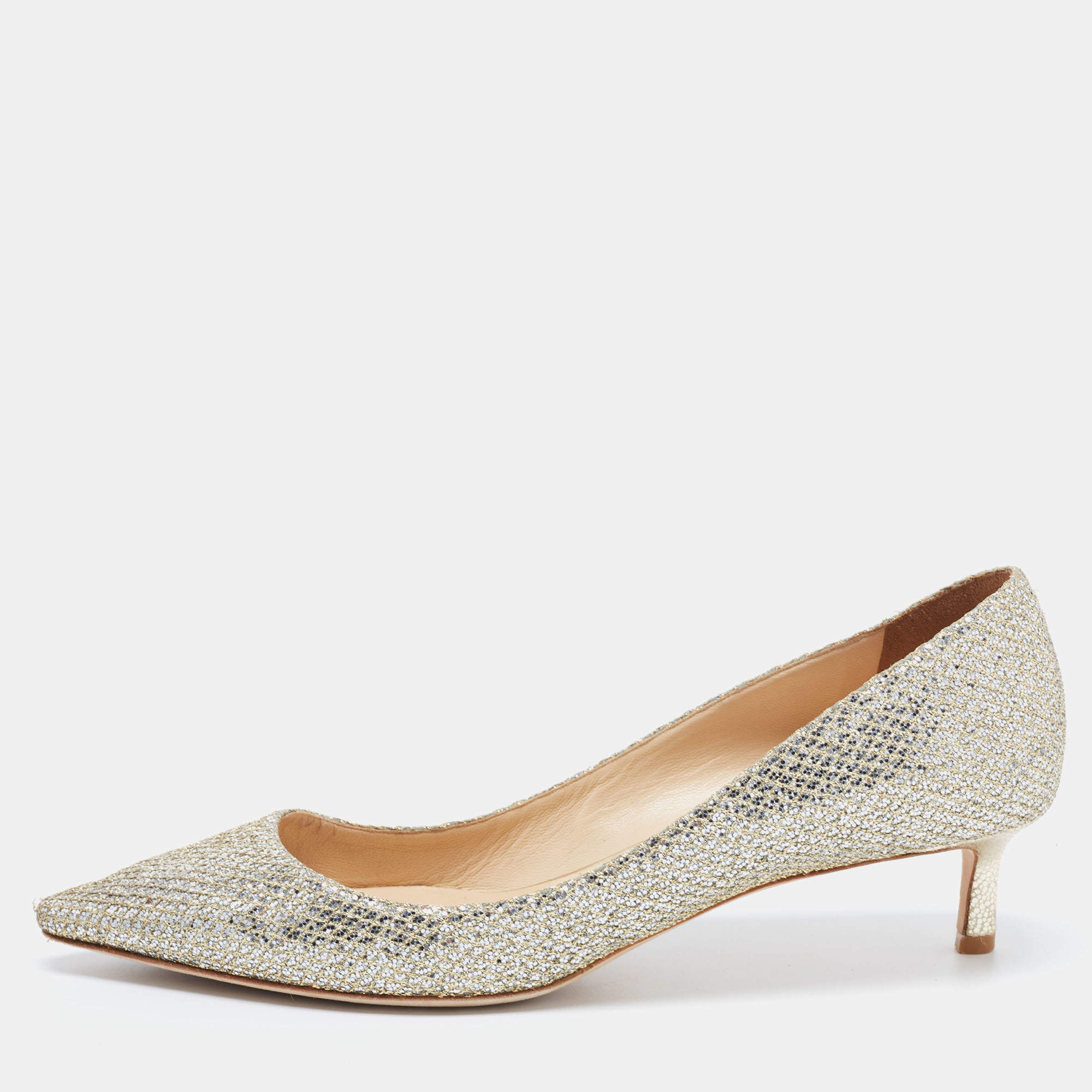 Pre Owned Jimmy Choo Gold Glitter Romy Pumps Size 40