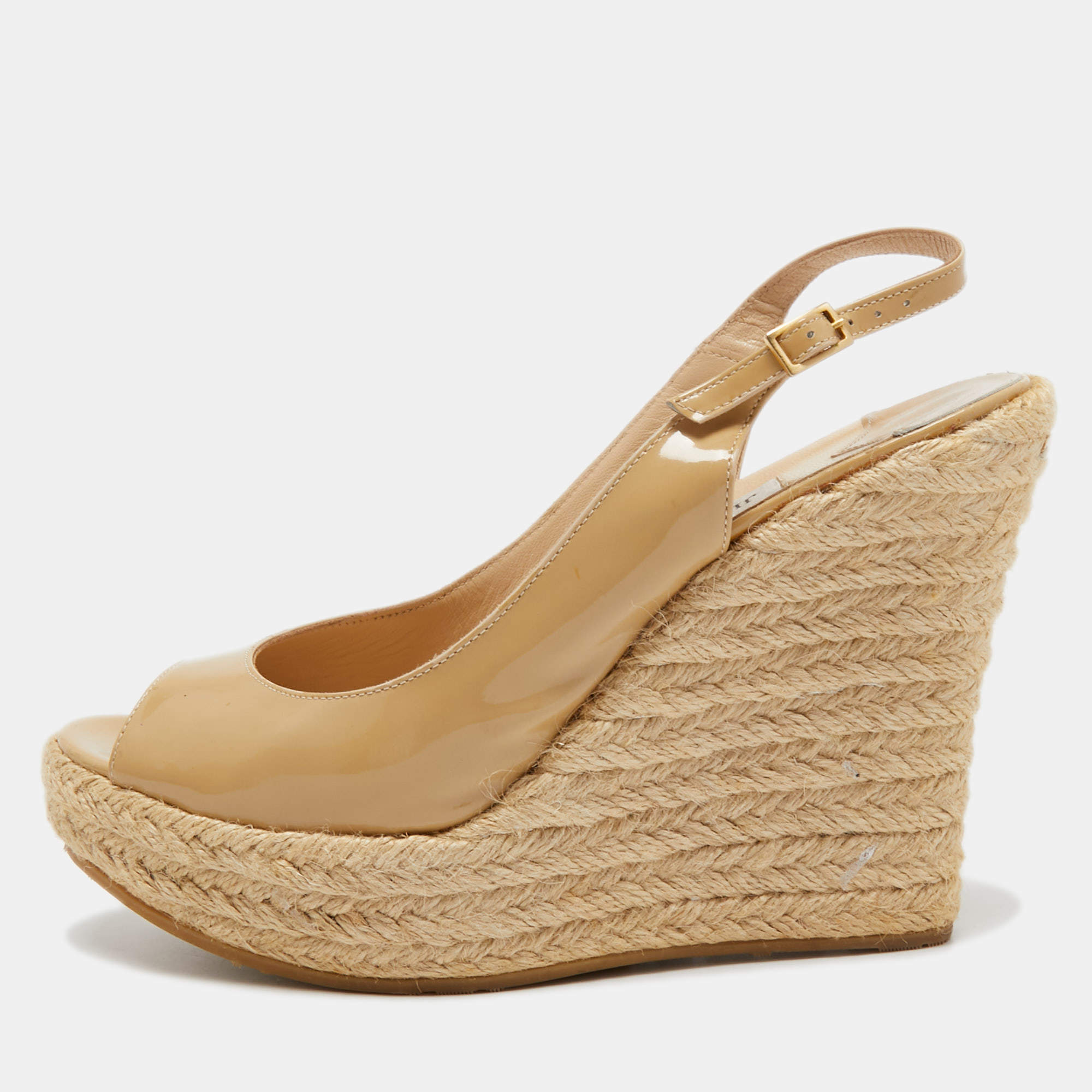 Jimmy Choo Beige Patent Leather Espadrille Wedge Sandals Size 39