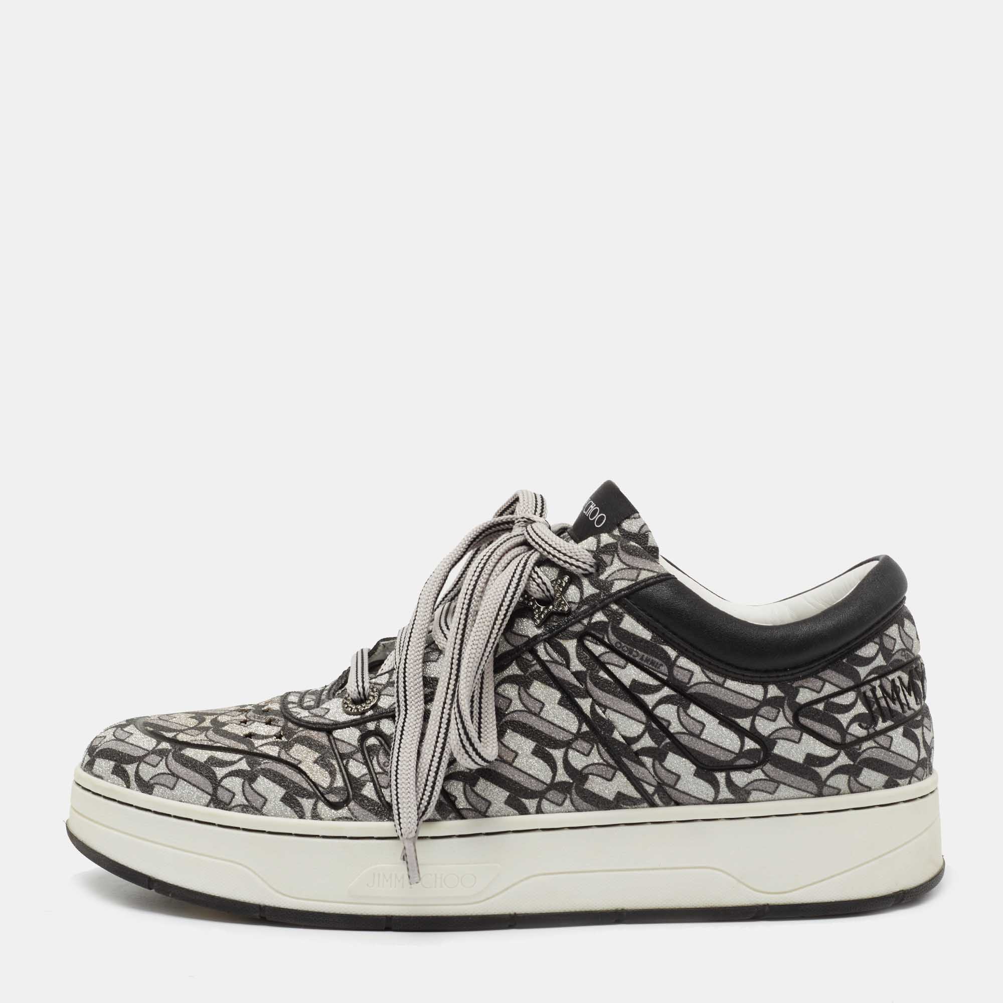 Pre Owned Jimmy Choo Silver/Black Glitter and Leather Hawaii Sneakers Size 40