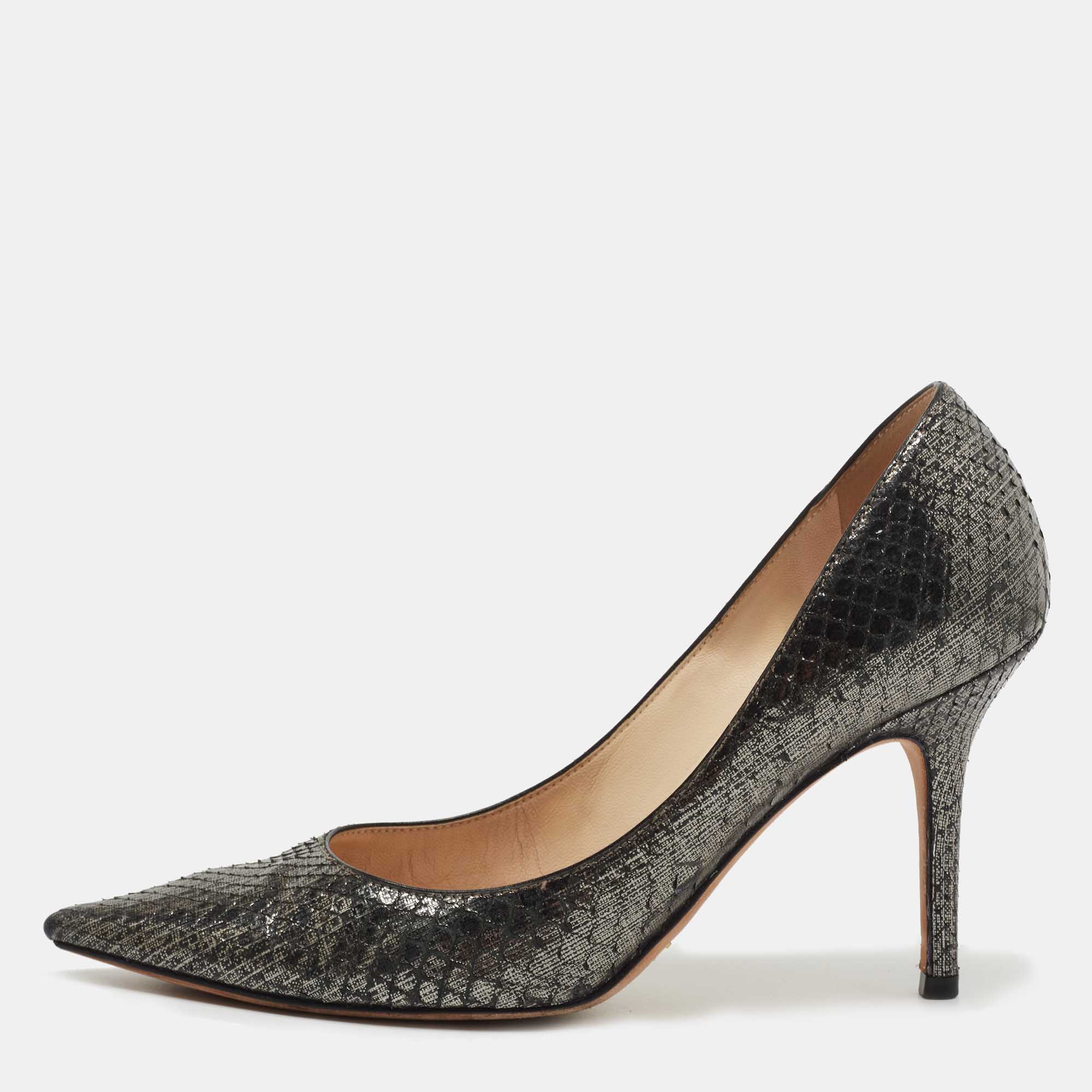 Pre Owned Jimmy Choo Metallic Grey Python Embossed Leather Anouk Pumps Size 35.5