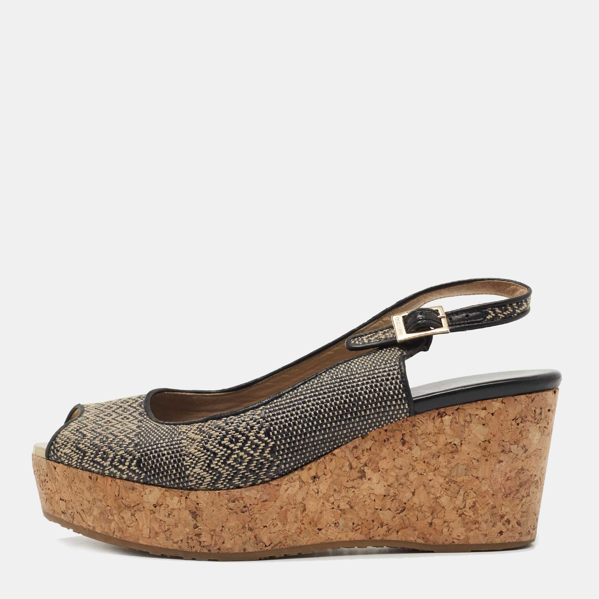 مملوكة مسبقًا Jimmy Choo Black/Beige Woven Fabric Praise Cork Wedge Slingback Sandals Size 41
