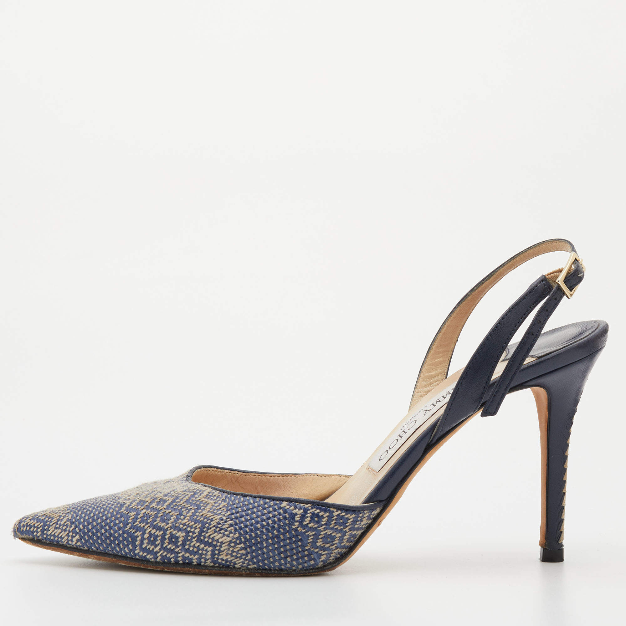 Pre Owned Jimmy Choo Navy Blue Woven Fabric and Leather Slingback Sandals Size 38