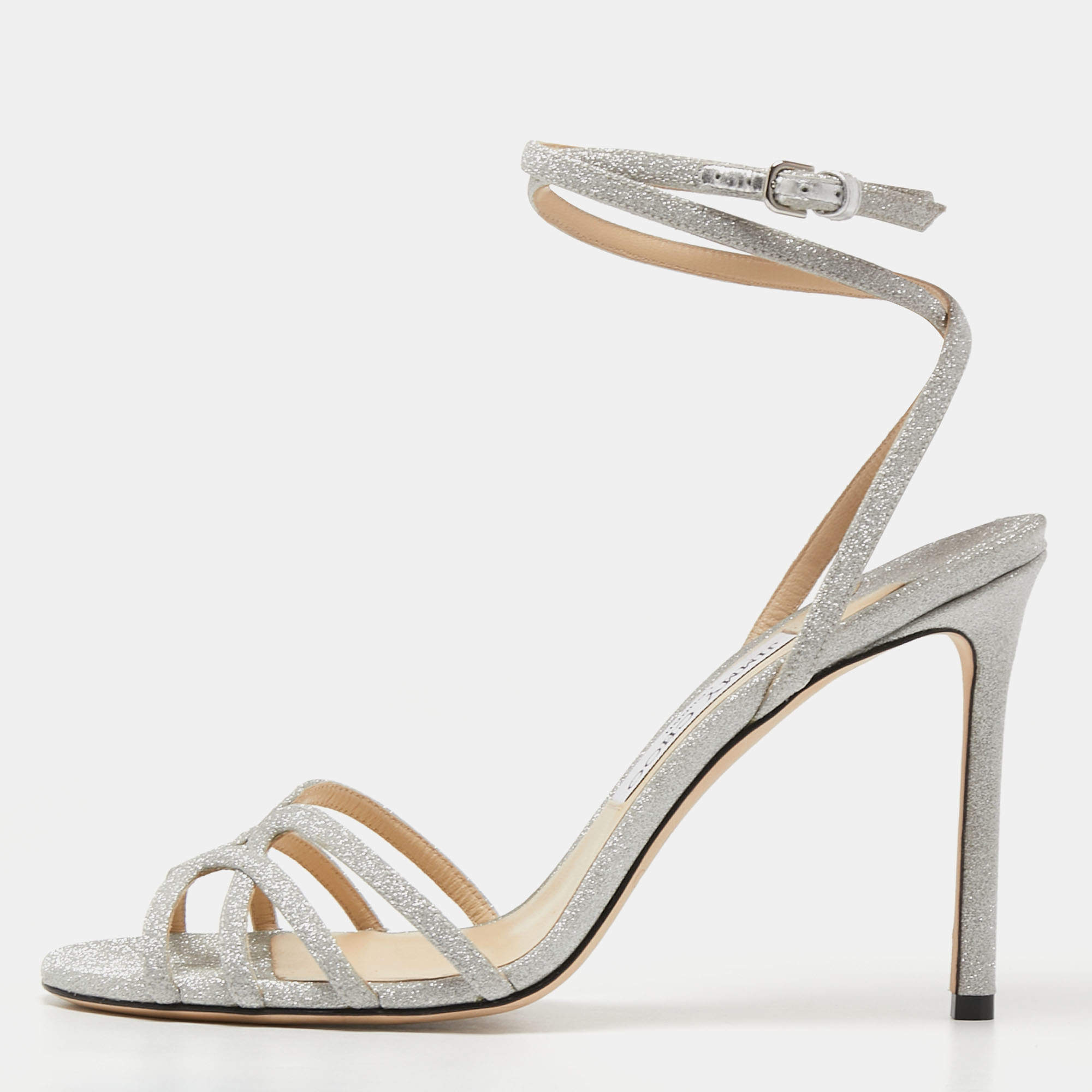 مملوكة مسبقًا Jimmy Choo Silver Glitter and Leather Ankle Strap Sandals Size 39.5