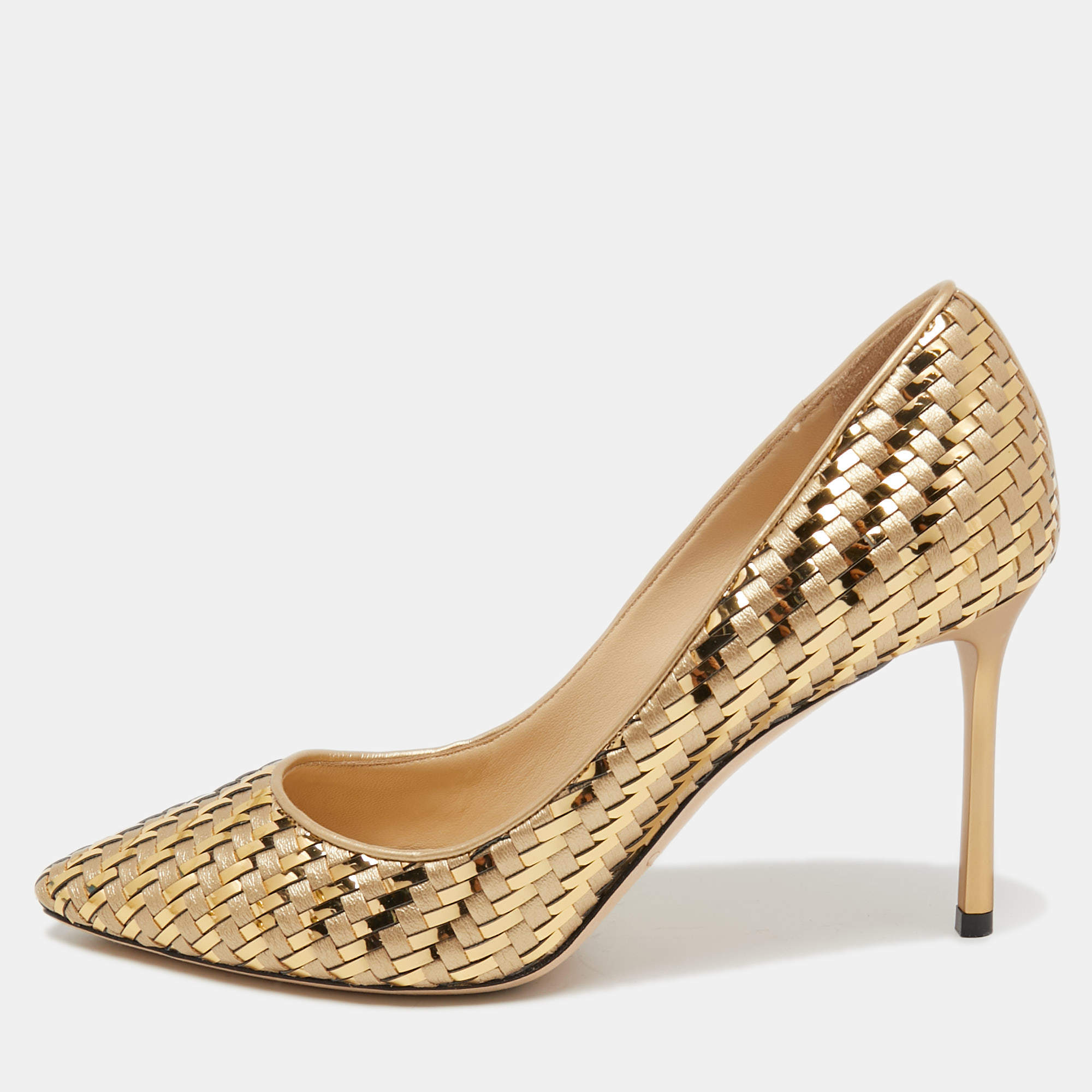Pre Owned Jimmy Choo Gold Woven Leather Pointed Toe Pumps Size 38