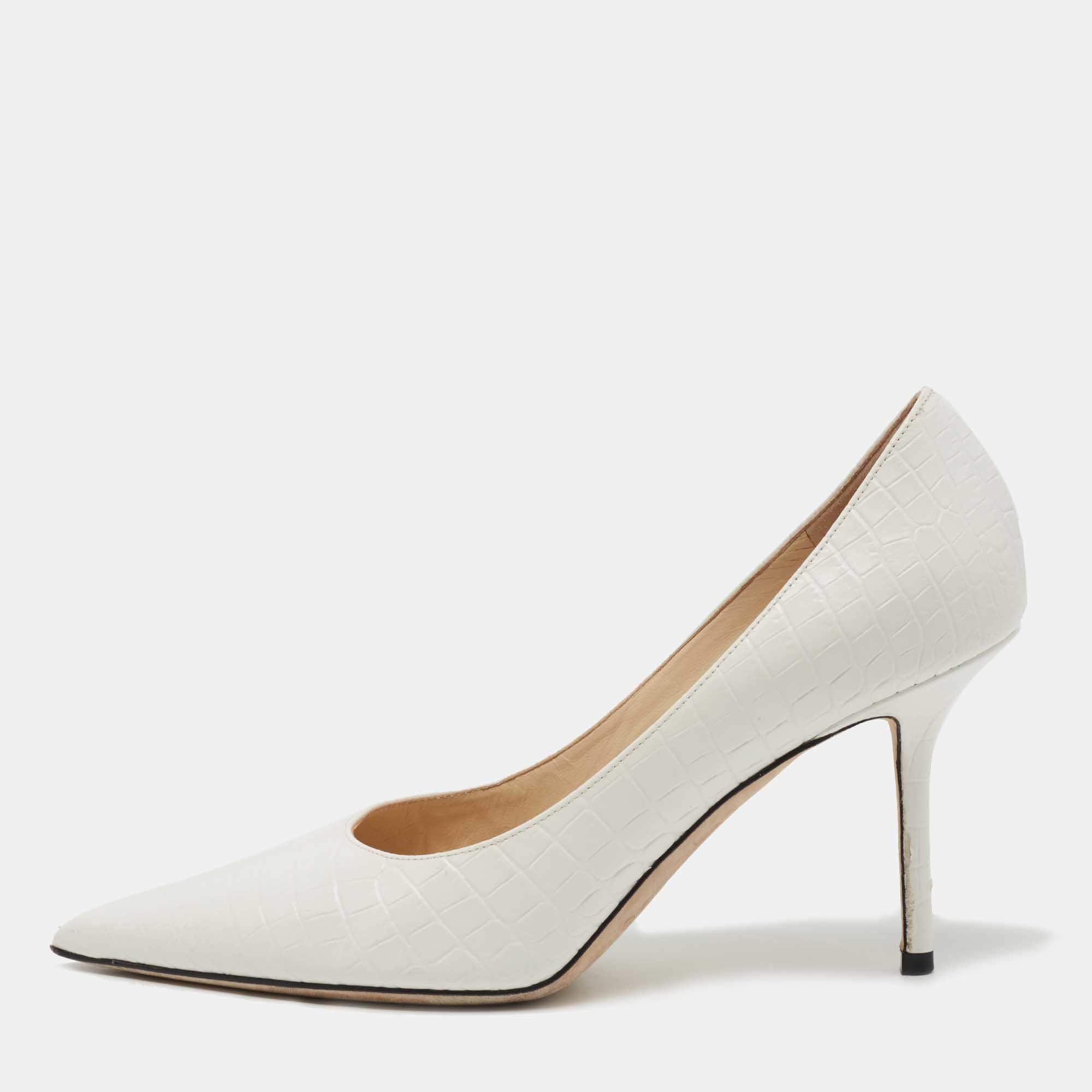 Pre Owned Jimmy Choo White Croc Embossed Leather Love Pumps Size 38