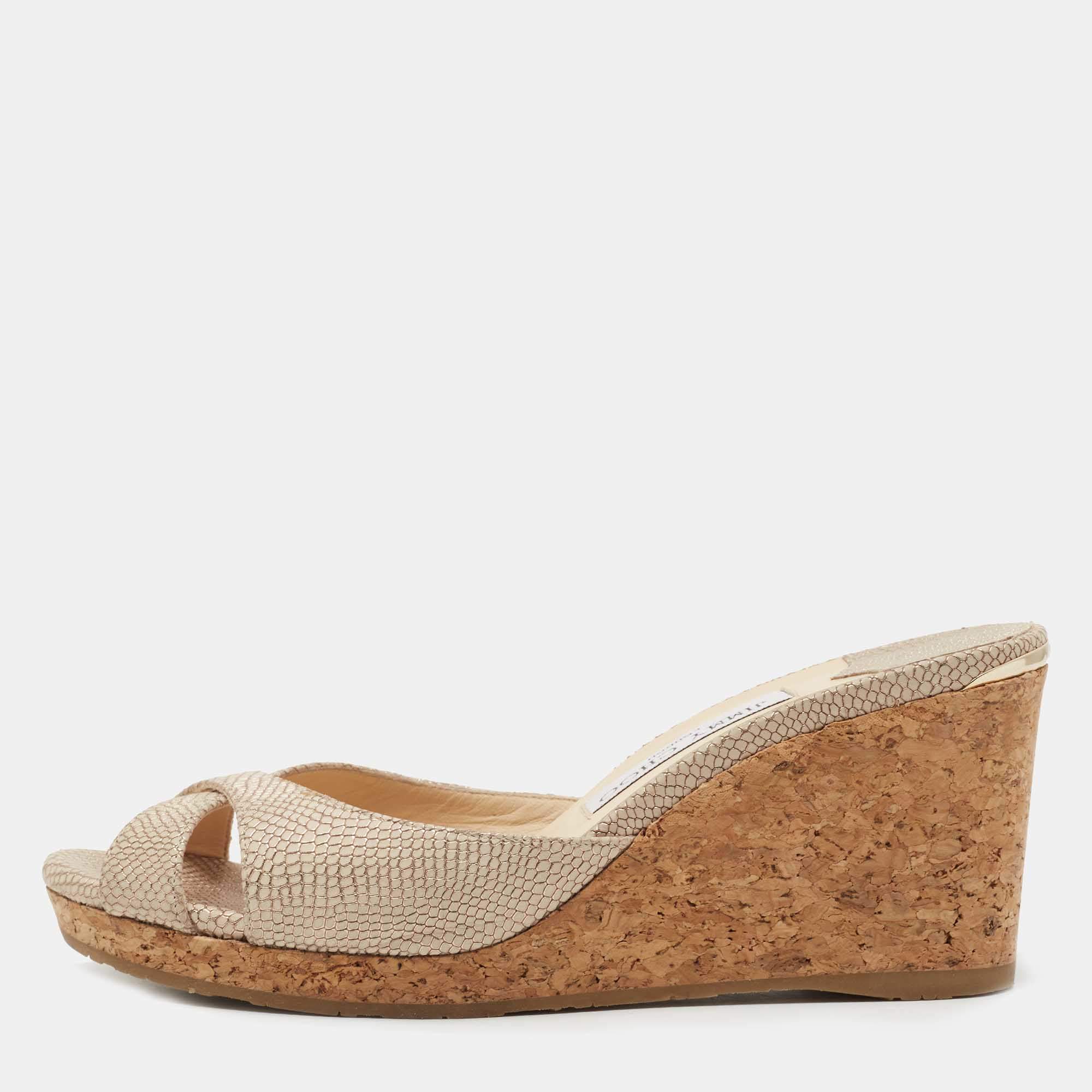 Pre Owned Jimmy Choo Beige Nubuck Leather Prima Cork Wedge Sandals Size 40