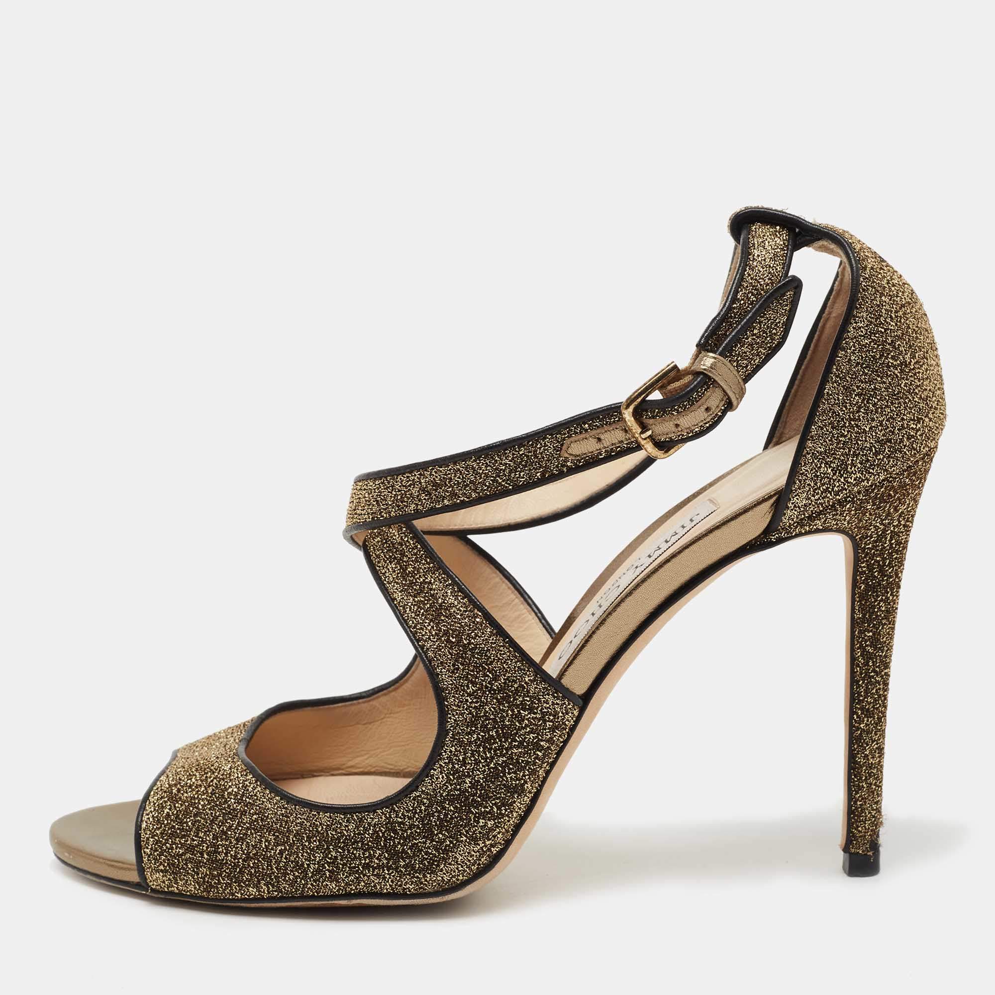 Pre Owned Jimmy Choo Metallic Gold Lurex Fabric and Leather Ankle Strap Sandals Size 38