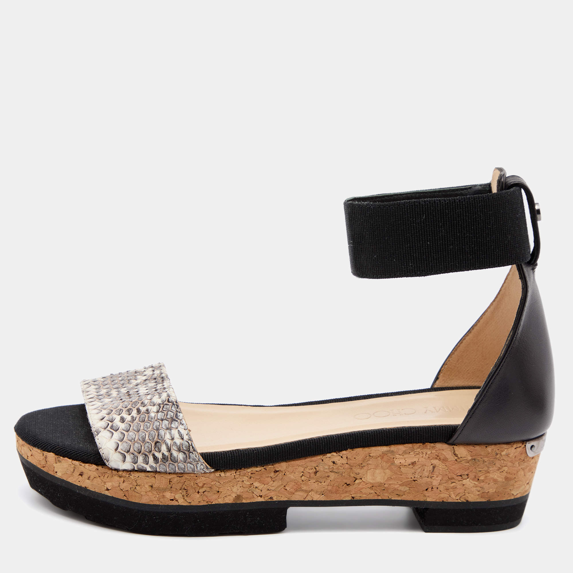 Pre Owned Jimmy Choo Black/Grey Snakeskin Leather Platform Ankle Strap Sandals Size 36
