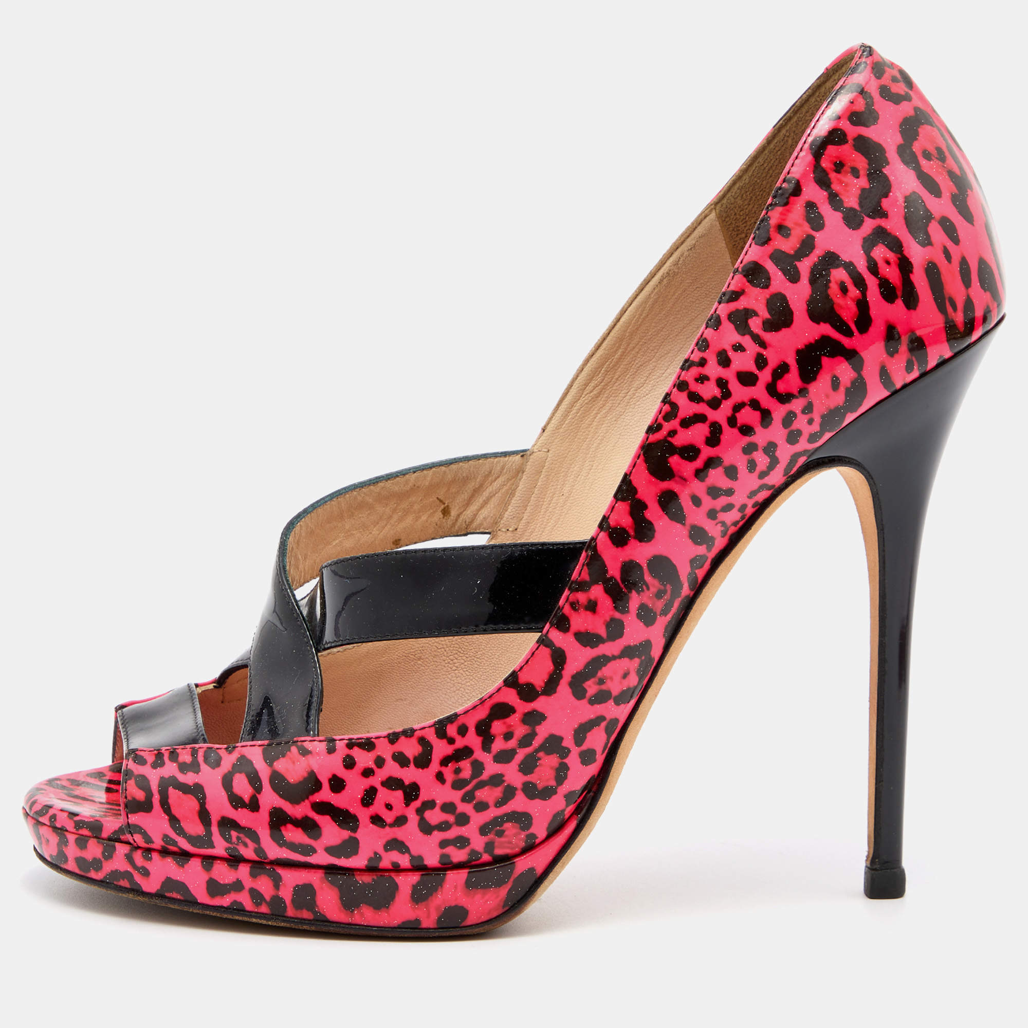 Jimmy Choo Pink Leopard Print Patent Leather Open Toe Pumps Size 39