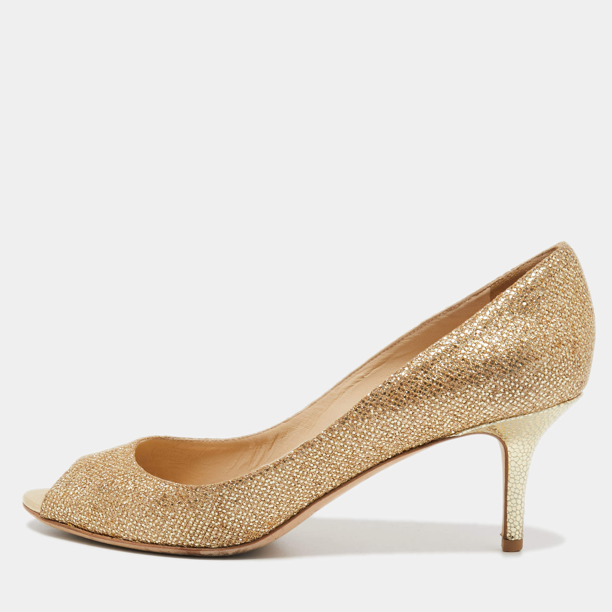 Pre Owned Jimmy Choo Metallic Gold Glitters Evelyn Open Toe Pumps Size 39