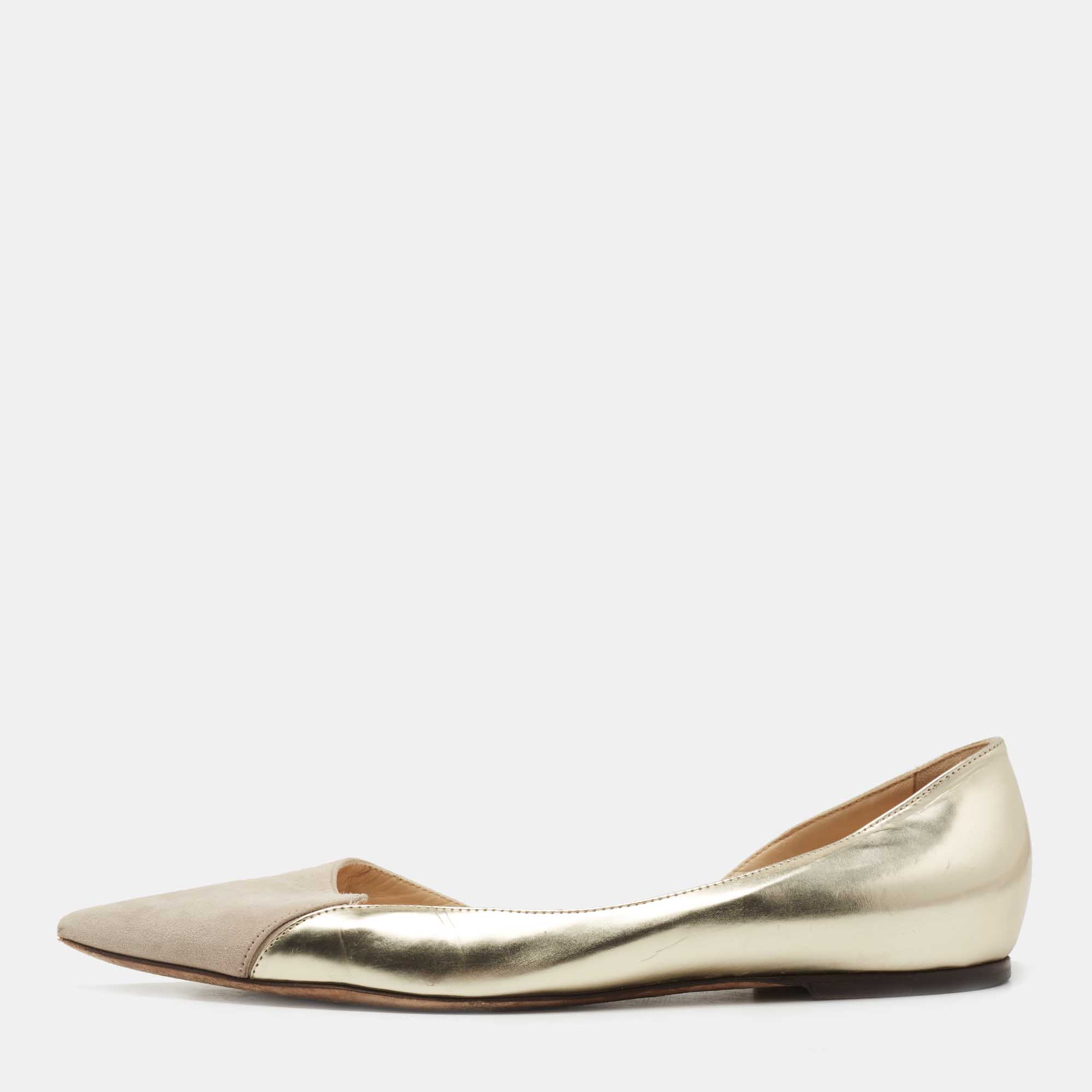 Pre Owned Jimmy Choo Grey/Gold Suede and Leather D'orsay Ballet Flats Size 40