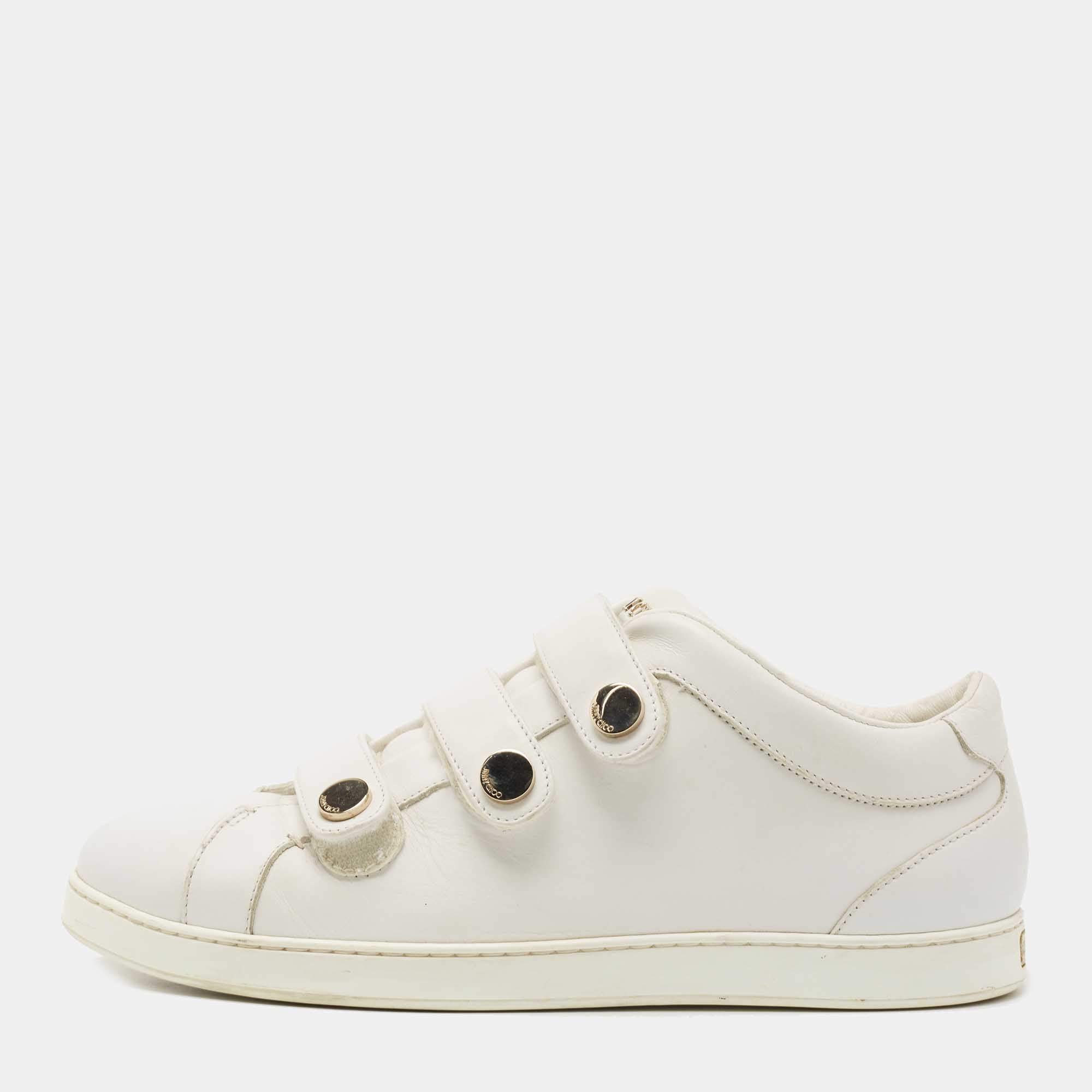 Pre Owned Jimmy Choo White Leather NY Studded Strap Low Top Sneakers Size 40.5