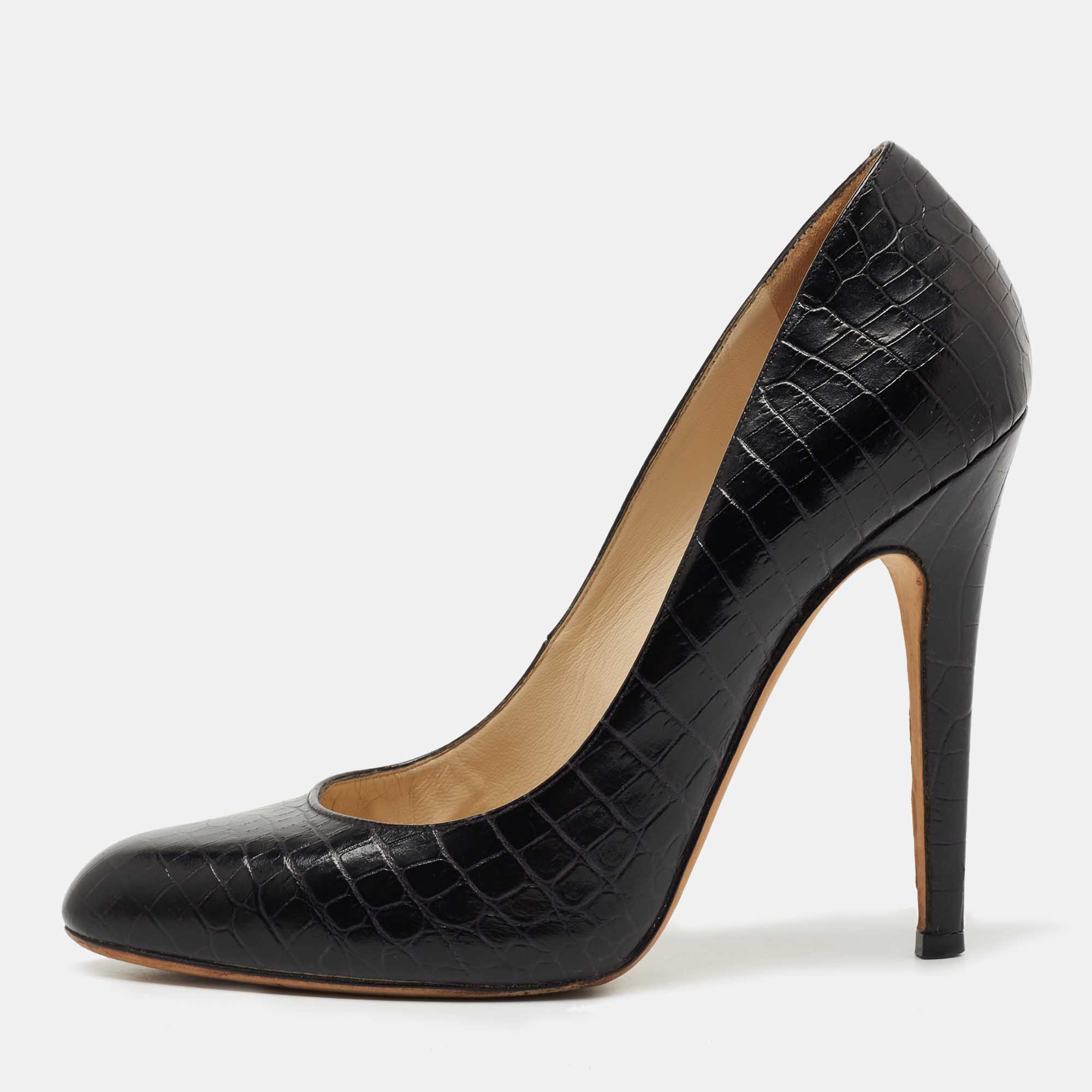 Pre Owned Jimmy Choo Black Croc Embossed Leather Round Toe Pumps Size 39