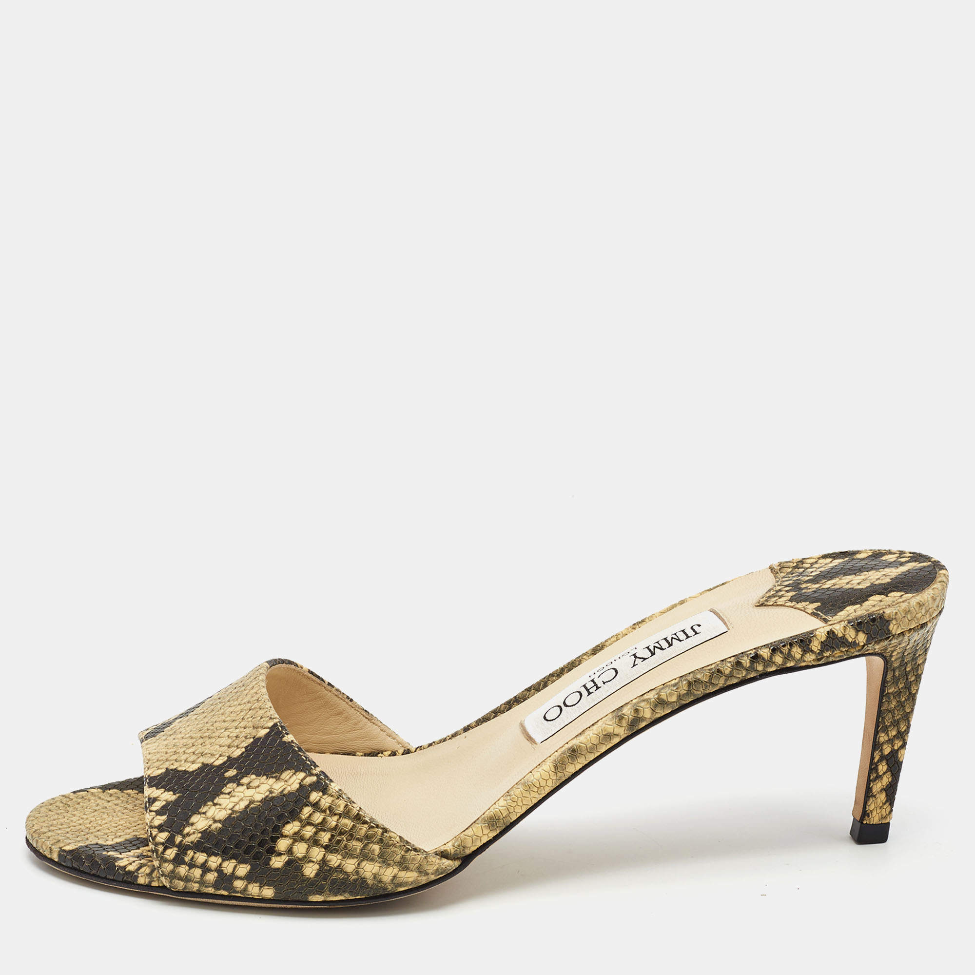 Pre Owned Jimmy Choo Black/Beige Lizard Embossed Leather Stacy Slide Sandals Size 38.5