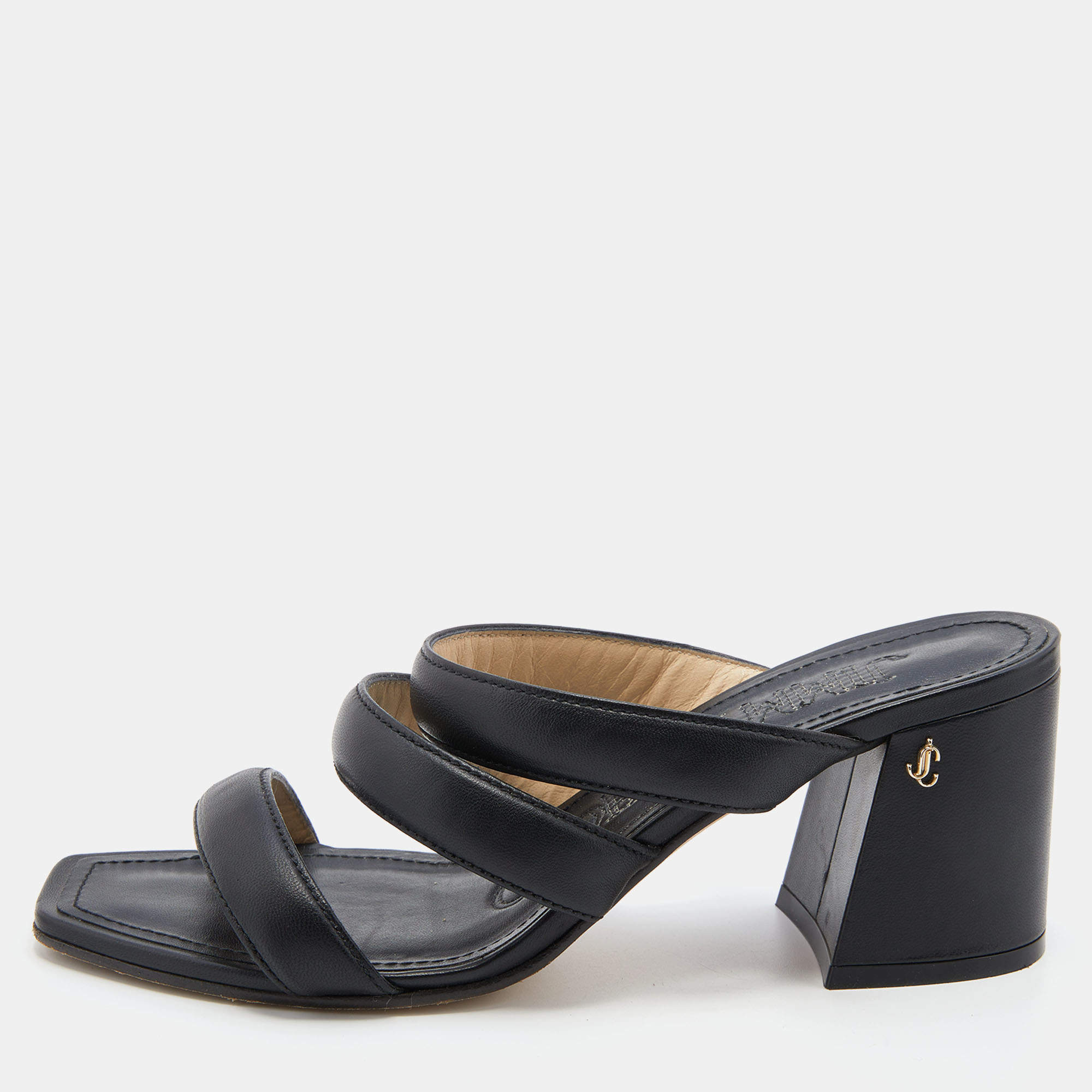 مملوكة مسبقًا Jimmy Choo Black Leather Block Heel Slide Sandals Size 38.5