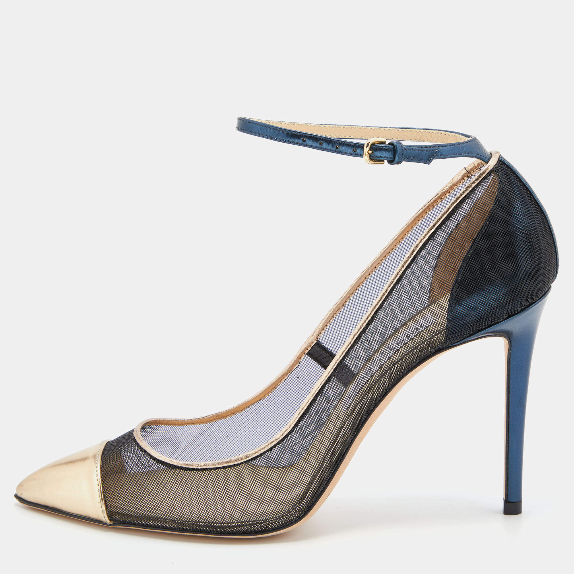 Pre Owned Jimmy Choo Black/Gold Mesh and Leather Tower Ankle Strap Pumps Size 38.5