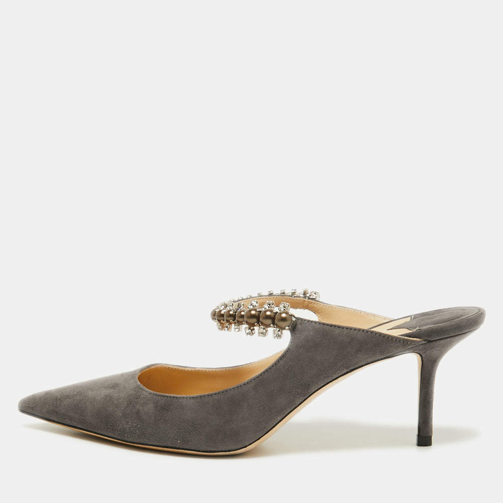 Pre Owned Jimmy Choo Grey Suede Bing Crystal Embellished Pointed Toe Mules Size 38