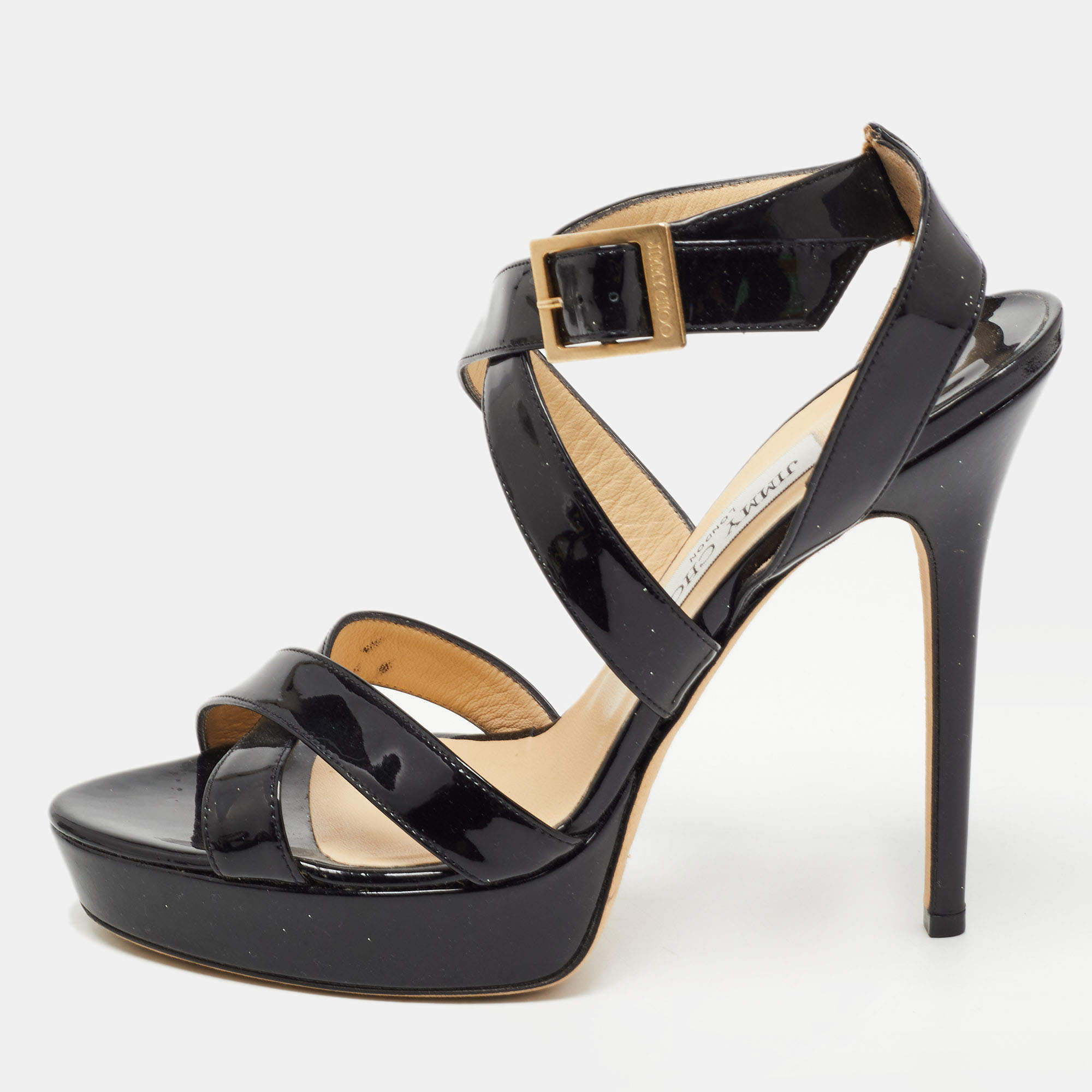 Jimmy Choo Black Patent Leather Vamp Platform Sandals Size 39