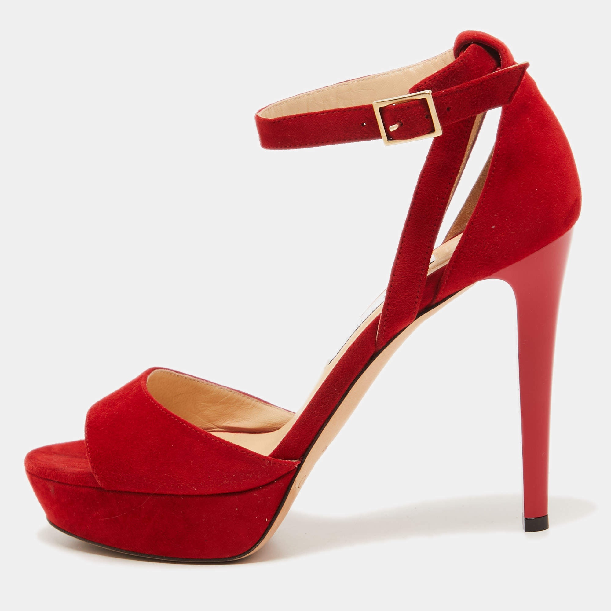 Jimmy Choo Red Suede Platform Ankle Strap Sandals Size 38