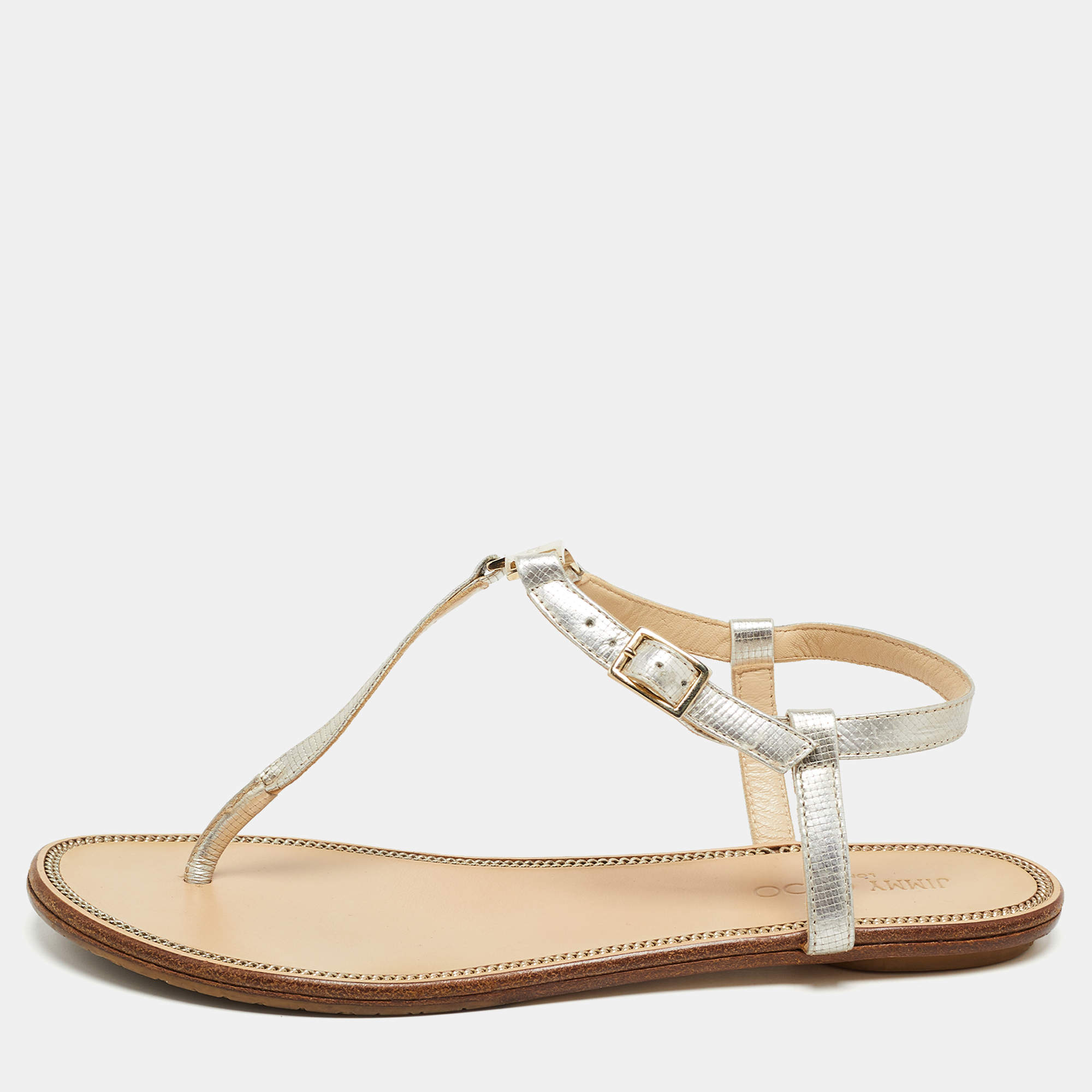 مملوكة مسبقًا Jimmy Choo Silver Textured Leather Flat Ankle Strap Sandals Size 35.5