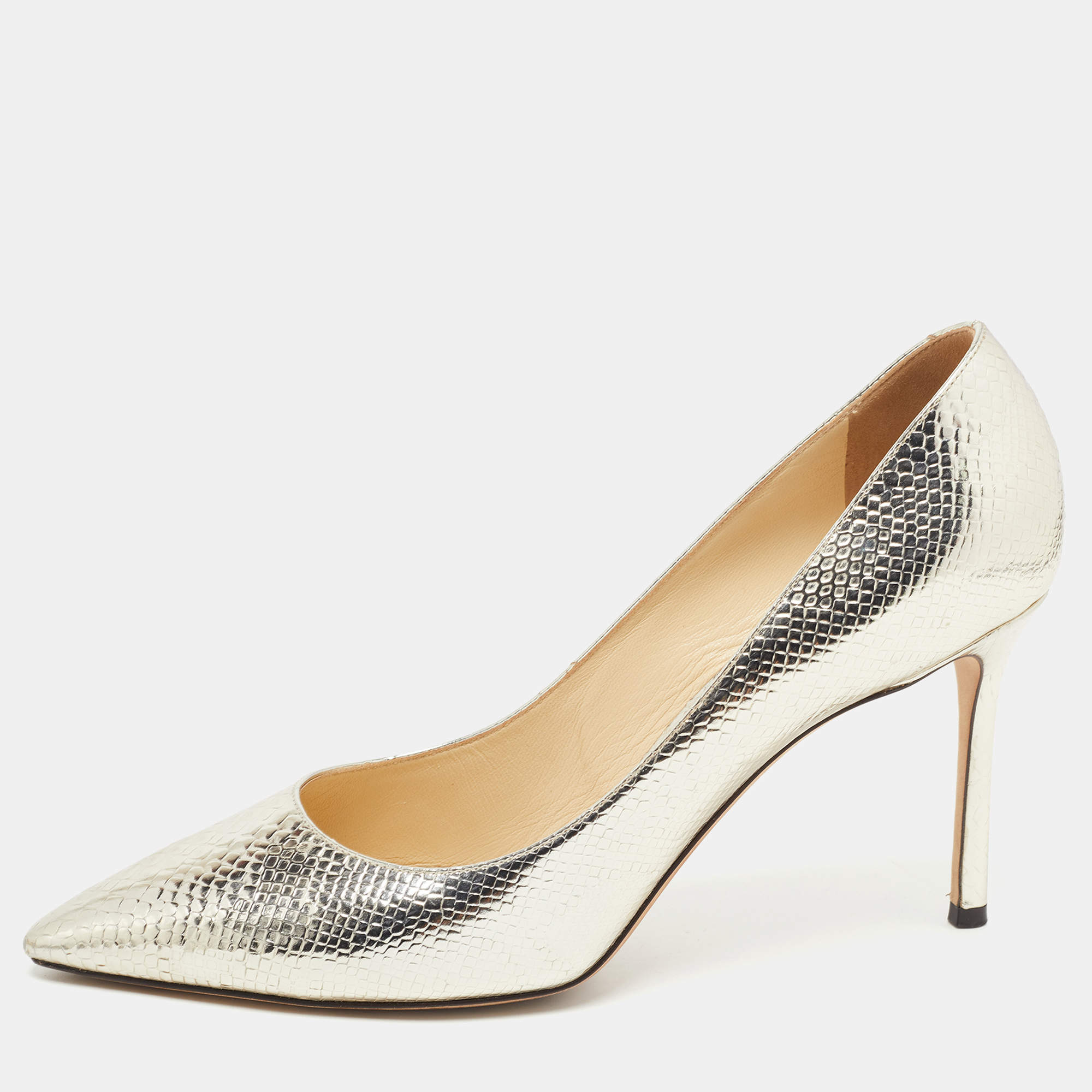 Pre Owned Jimmy Choo Metallic Gold Python Embossed Leather Pumps Size 42