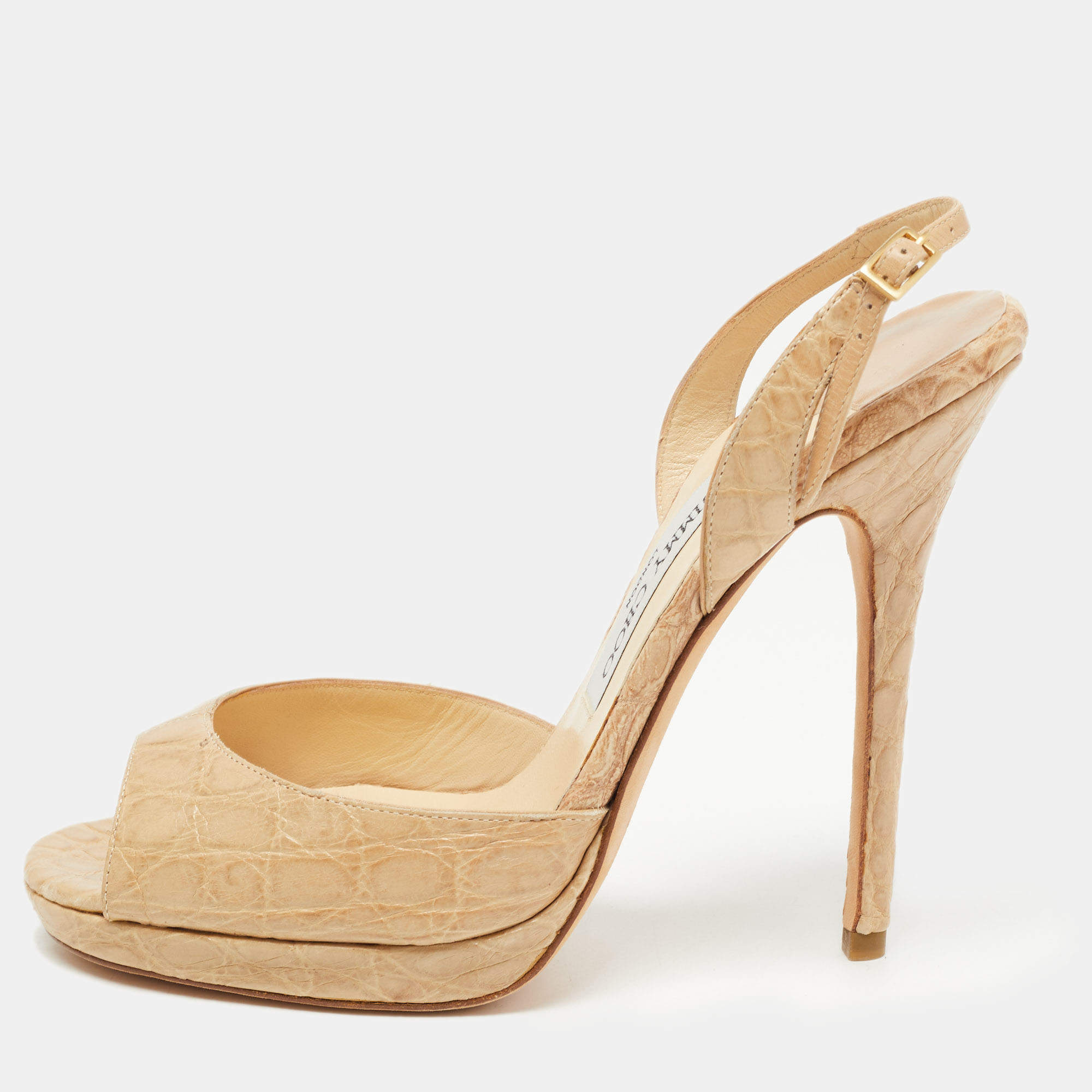 Pre Owned Jimmy Choo Beige Croc Leather Slingback Peep Toe  Sandals Size 39