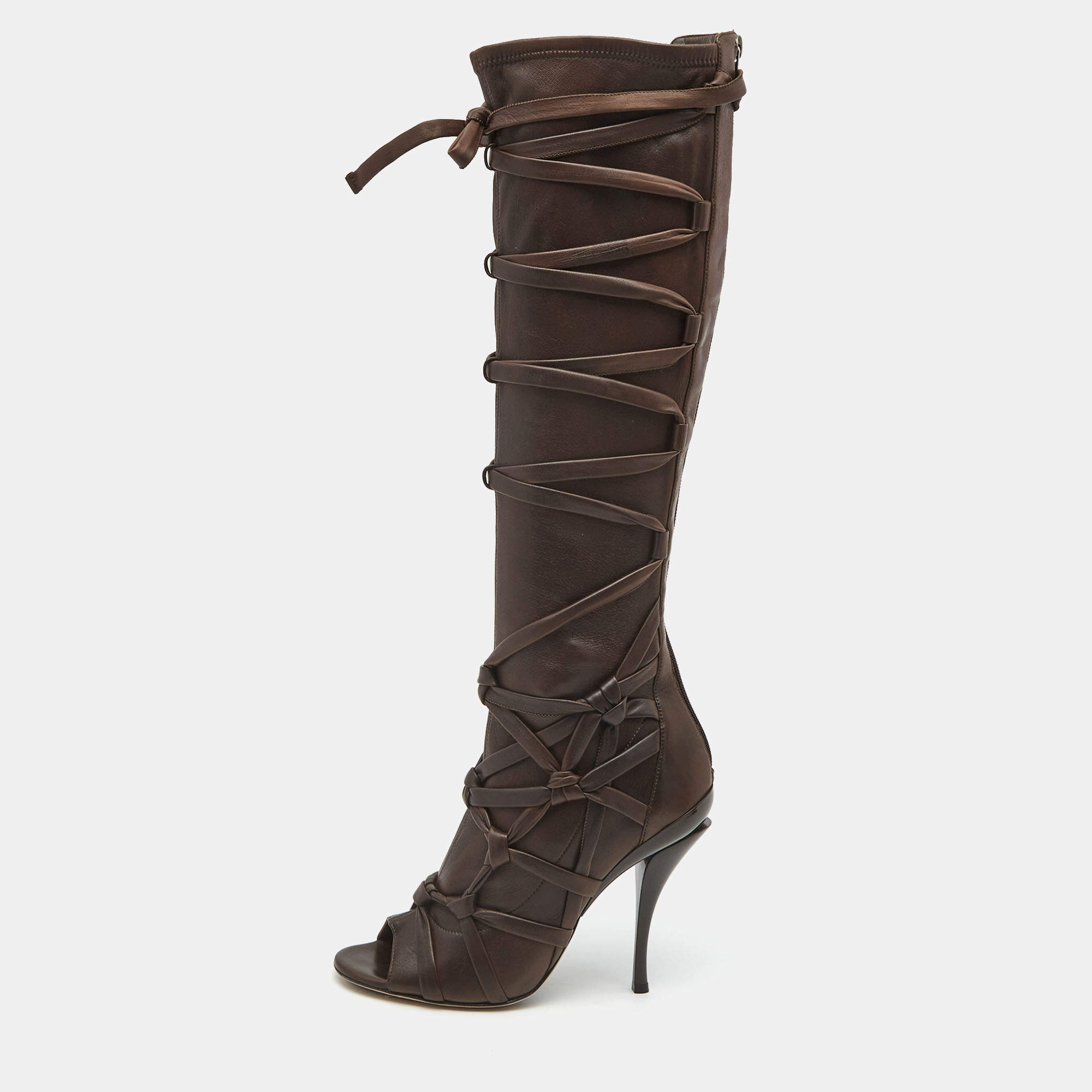 Pre Owned Jimmy Choo Brown Leather Knee Length Boots Size 38