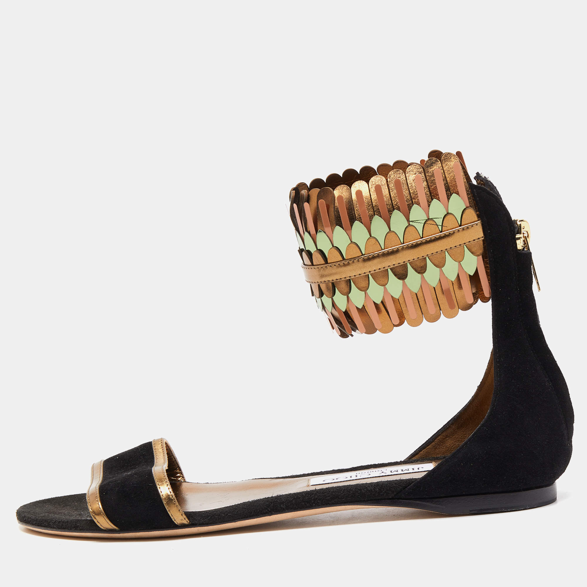 Pre Owned Jimmy Choo Black/Gold Suede and Leather Ankle Strap Flats Size 37.5