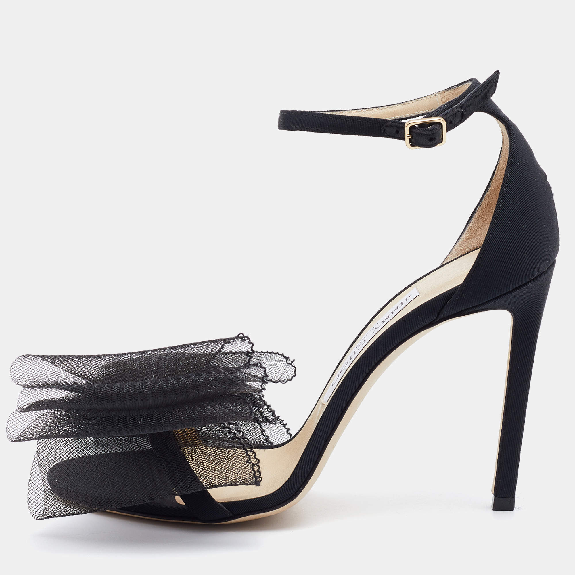 Pre Owned Jimmy Choo Black Grosgrain and Mesh Bow Aveline Sandals Size 37