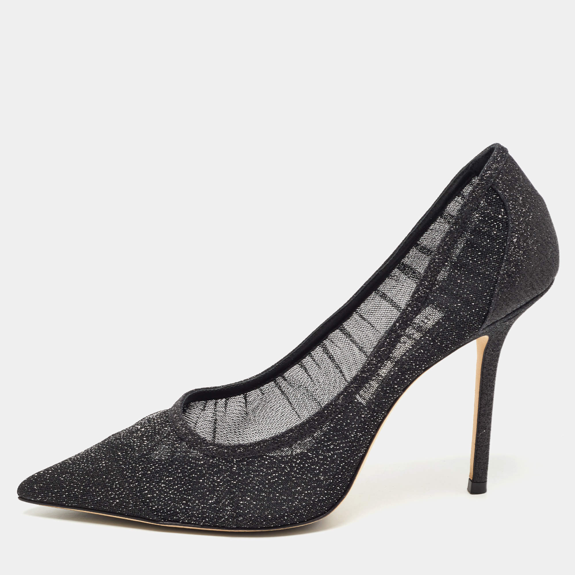 Pre Owned Jimmy Choo Black Glitter Mesh Love Pumps Size 39.5