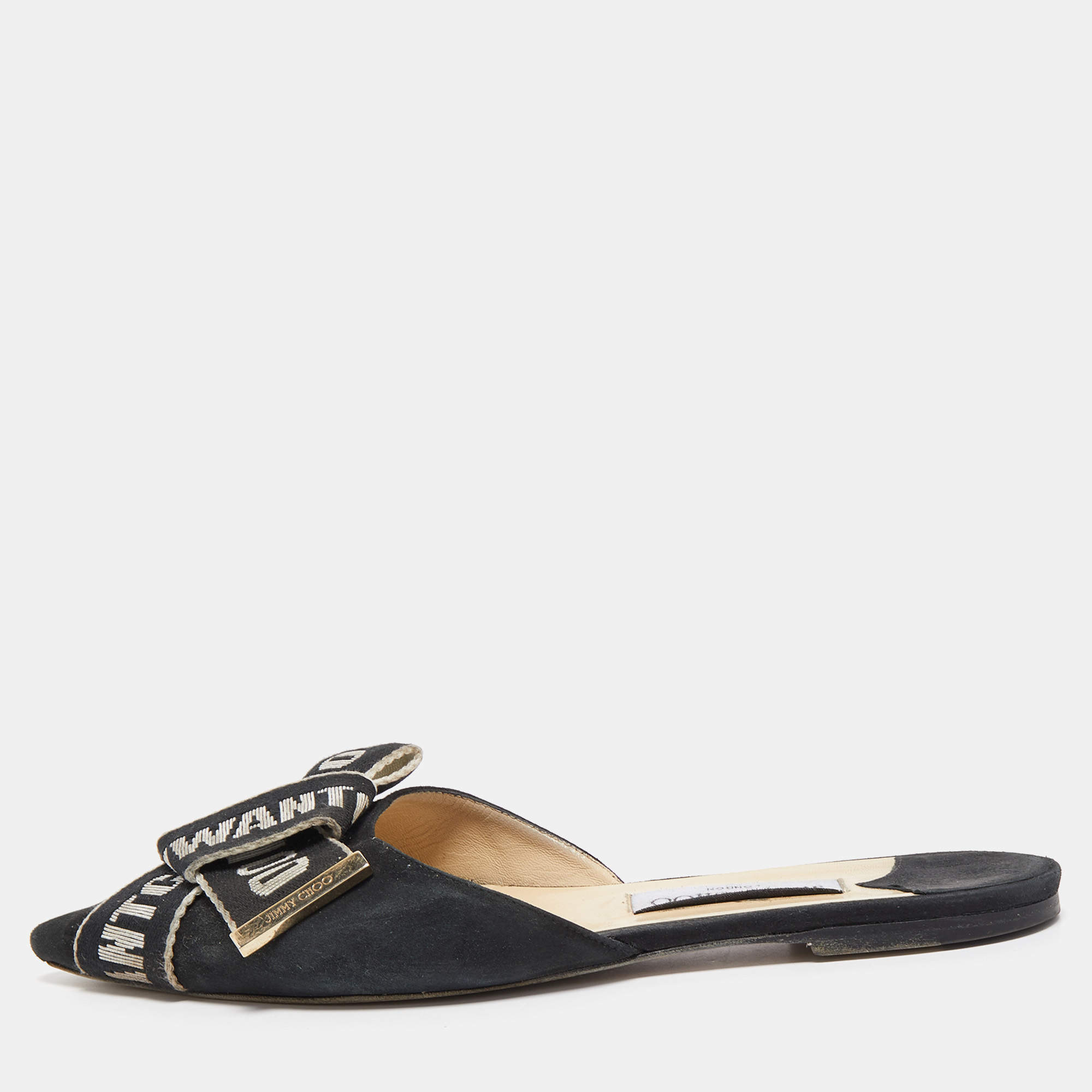 مملوكة مسبقًا Jimmy Choo Black Suede and Logo Canvas Gretchen Flat Mules Size 41
