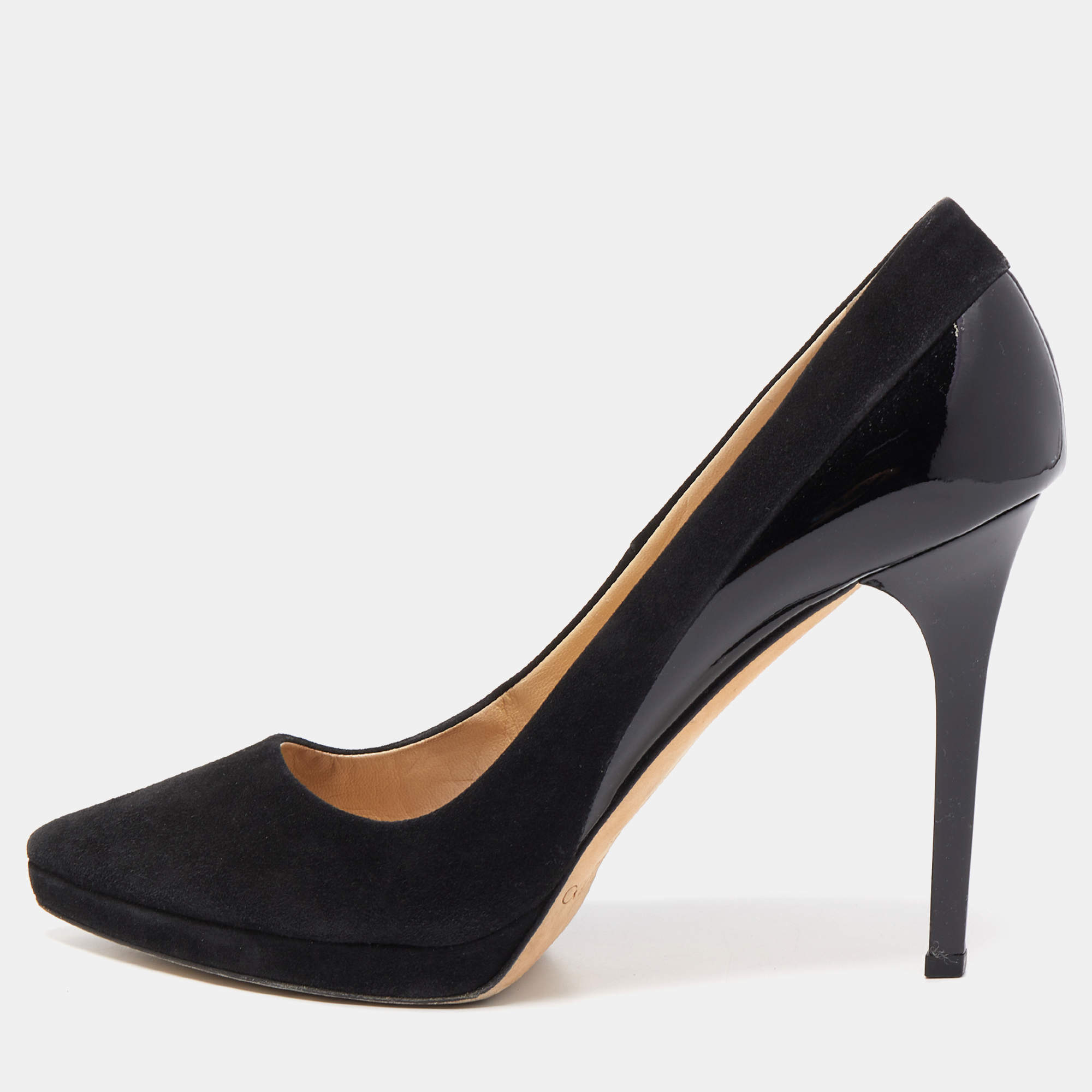 Pre Owned Jimmy Choo Black Suede and Patent Leather Platform Pumps Size 39.5