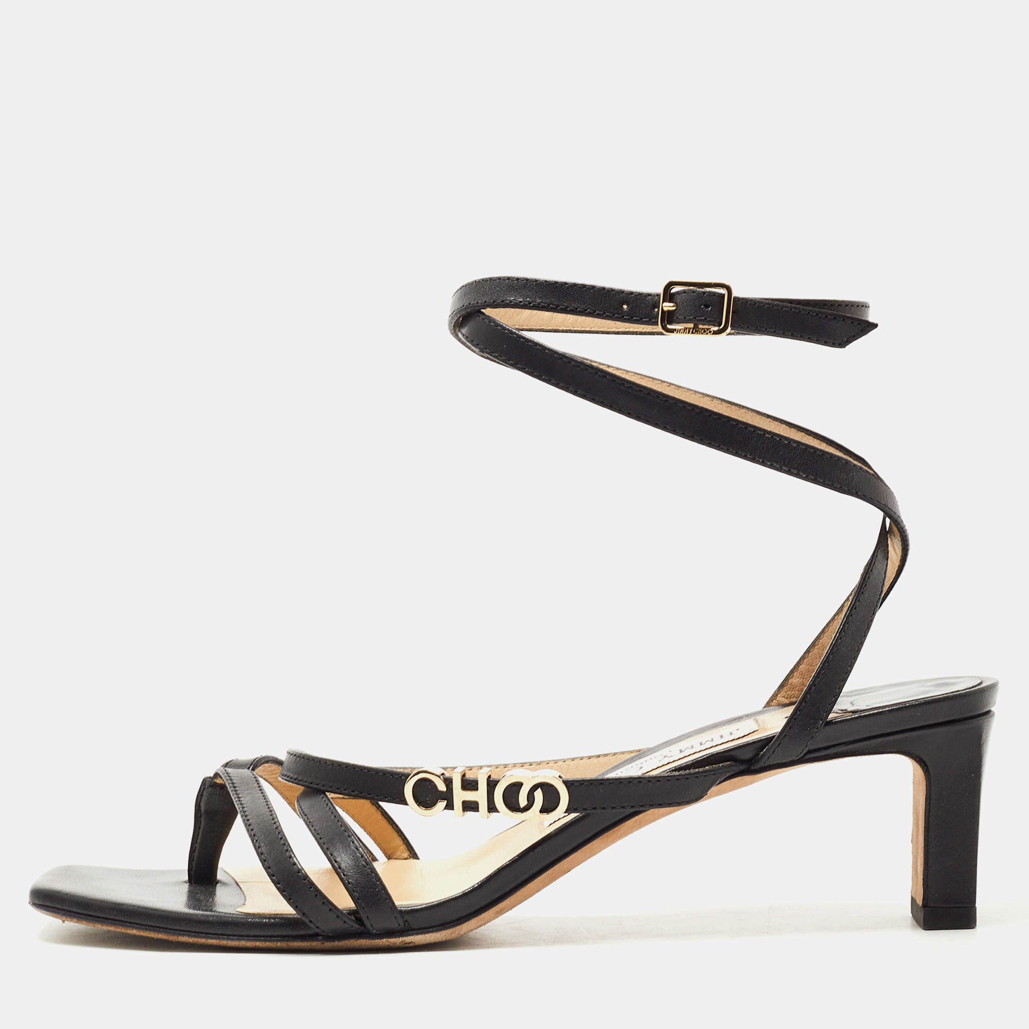 Pre Owned Jimmy Choo Black Leather Ankle Strap Sandals Size 37