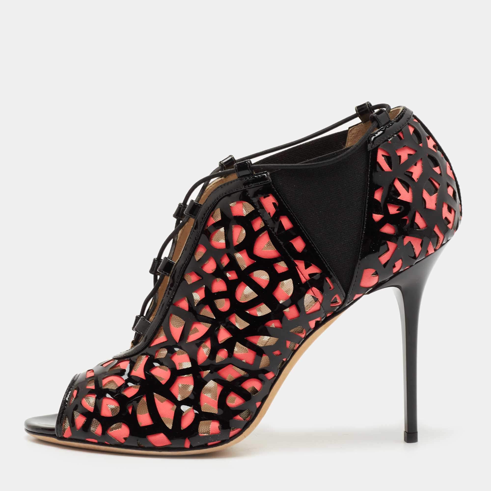 Pre Owned Jimmy Choo Black/Pink Patent Leather Tactic Open Toe Booties Size 41