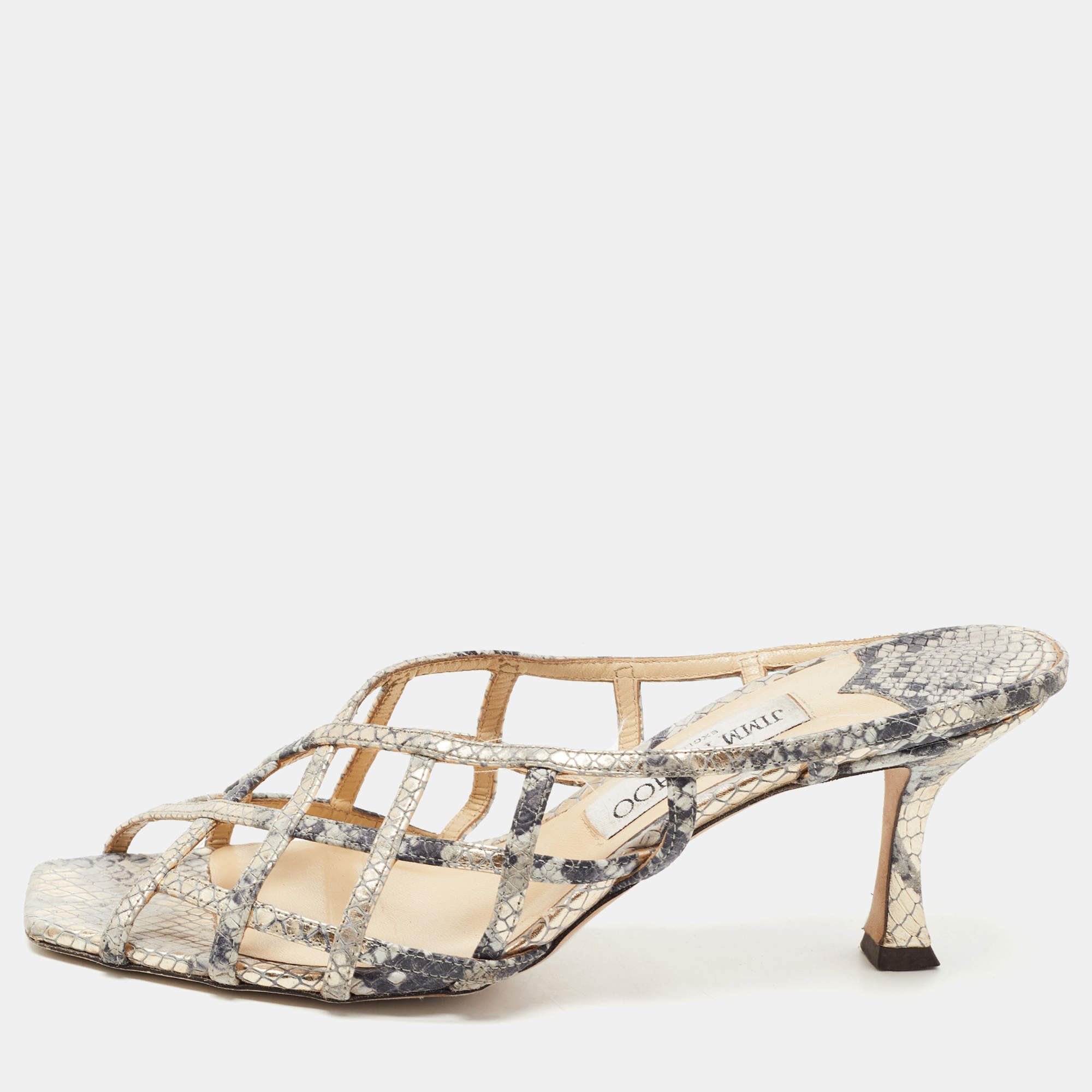 Jimmy Choo Beige Grey Python Embossed Sai Sandals Size 39 Jimmy