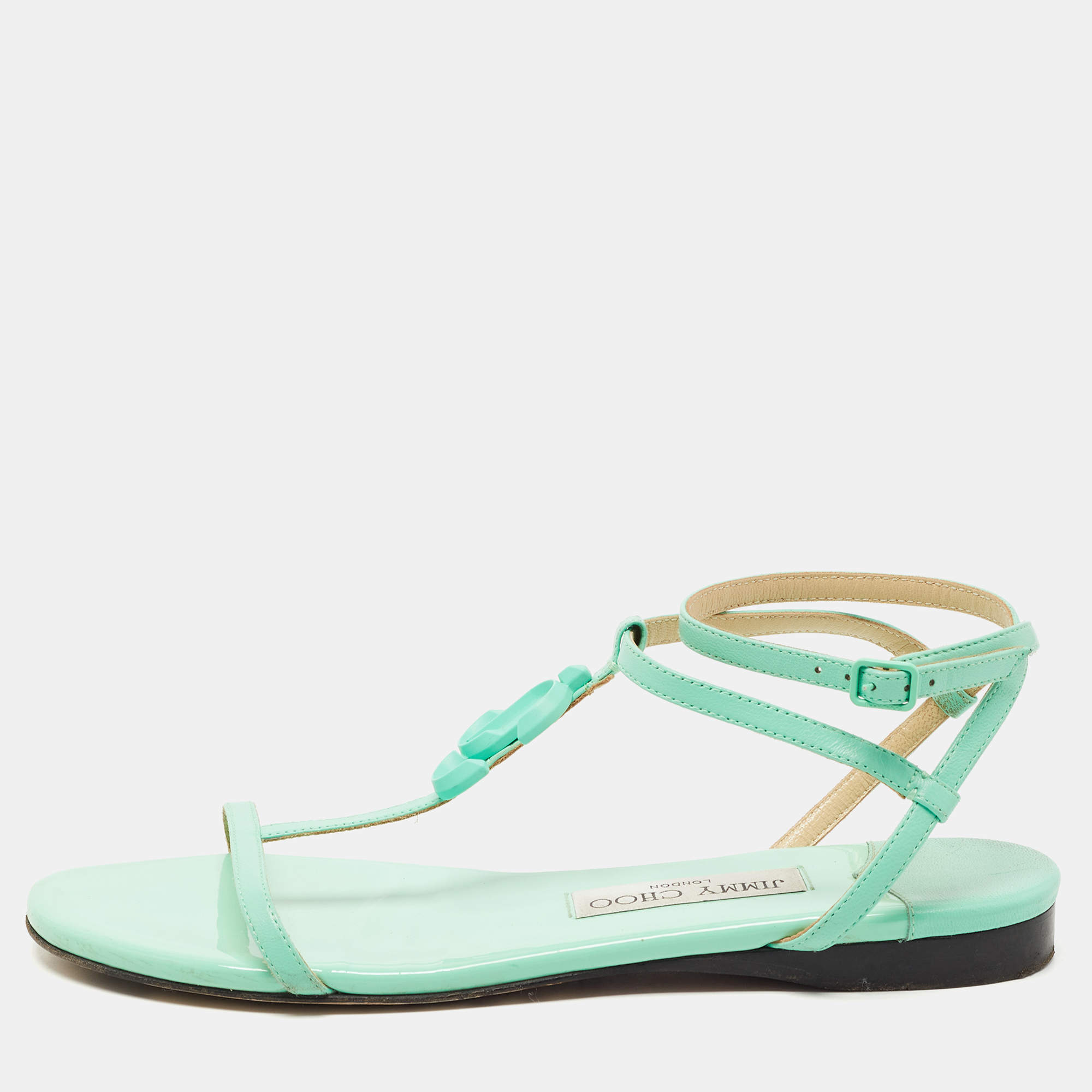 Pre Owned Jimmy Choo Green Leather Ankle Strap Flats Size 38