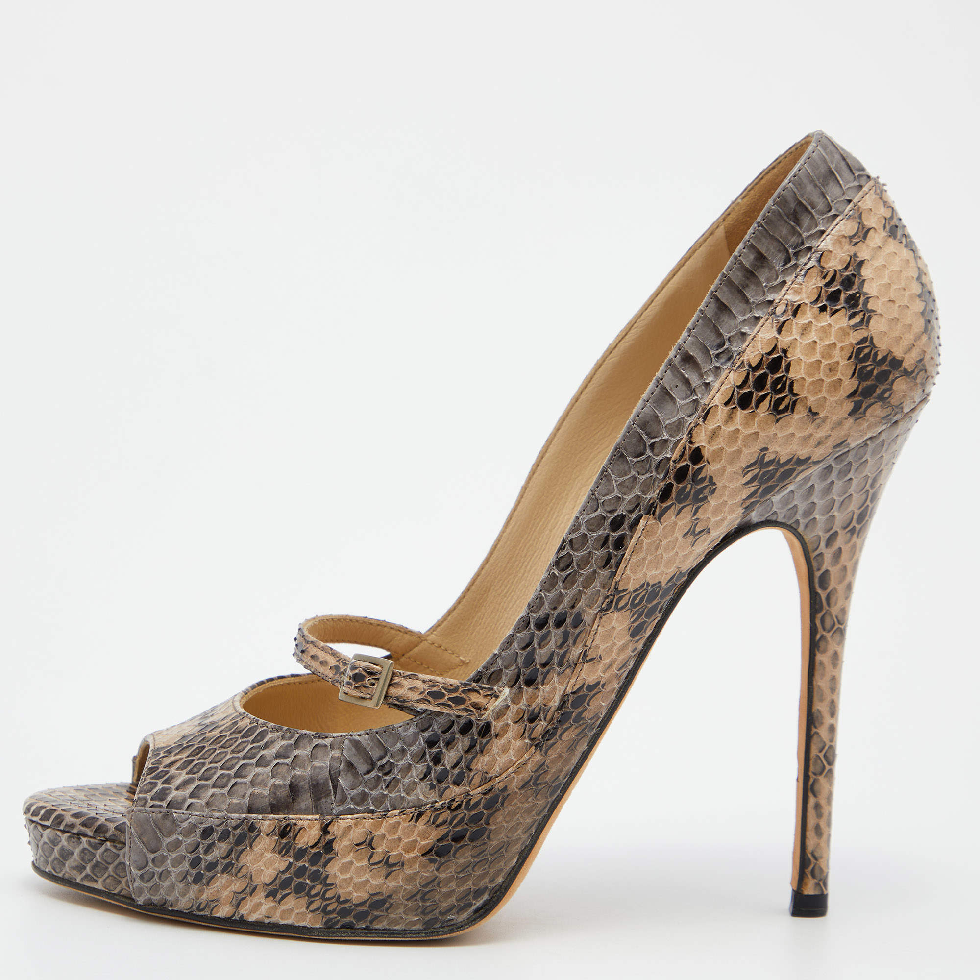 Pre Owned Jimmy Choo Beige Watersnake Leather Peep Toe Pumps Size 38