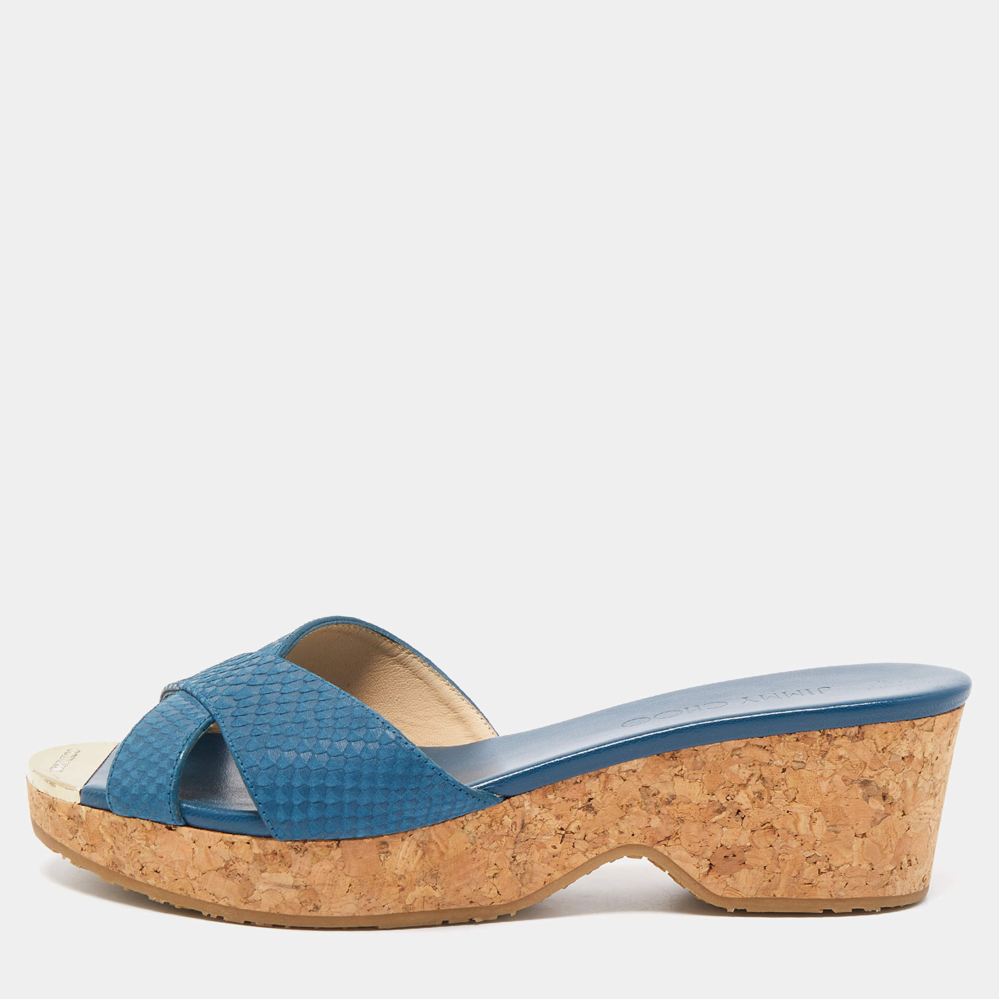 مملوكة مسبقًا Jimmy Choo Blue Leather Prima Cock Wedge Slides Size 38