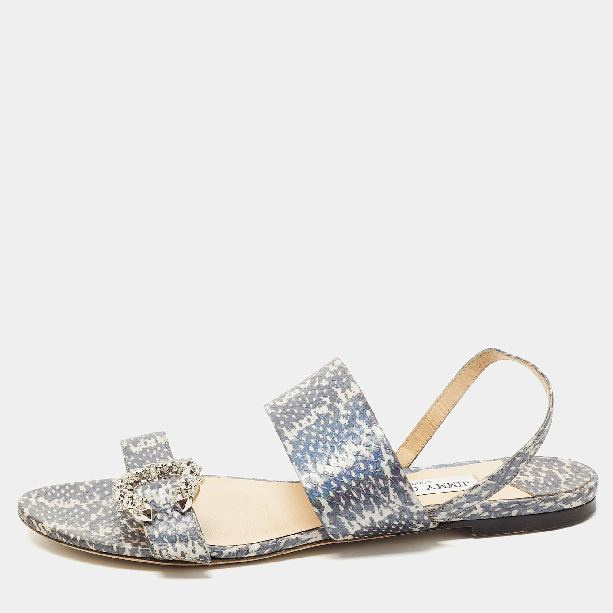 Pre Owned Jimmy Choo Two Tone Embossed Snakeskin Saphera Flat Sandals Size 40.5