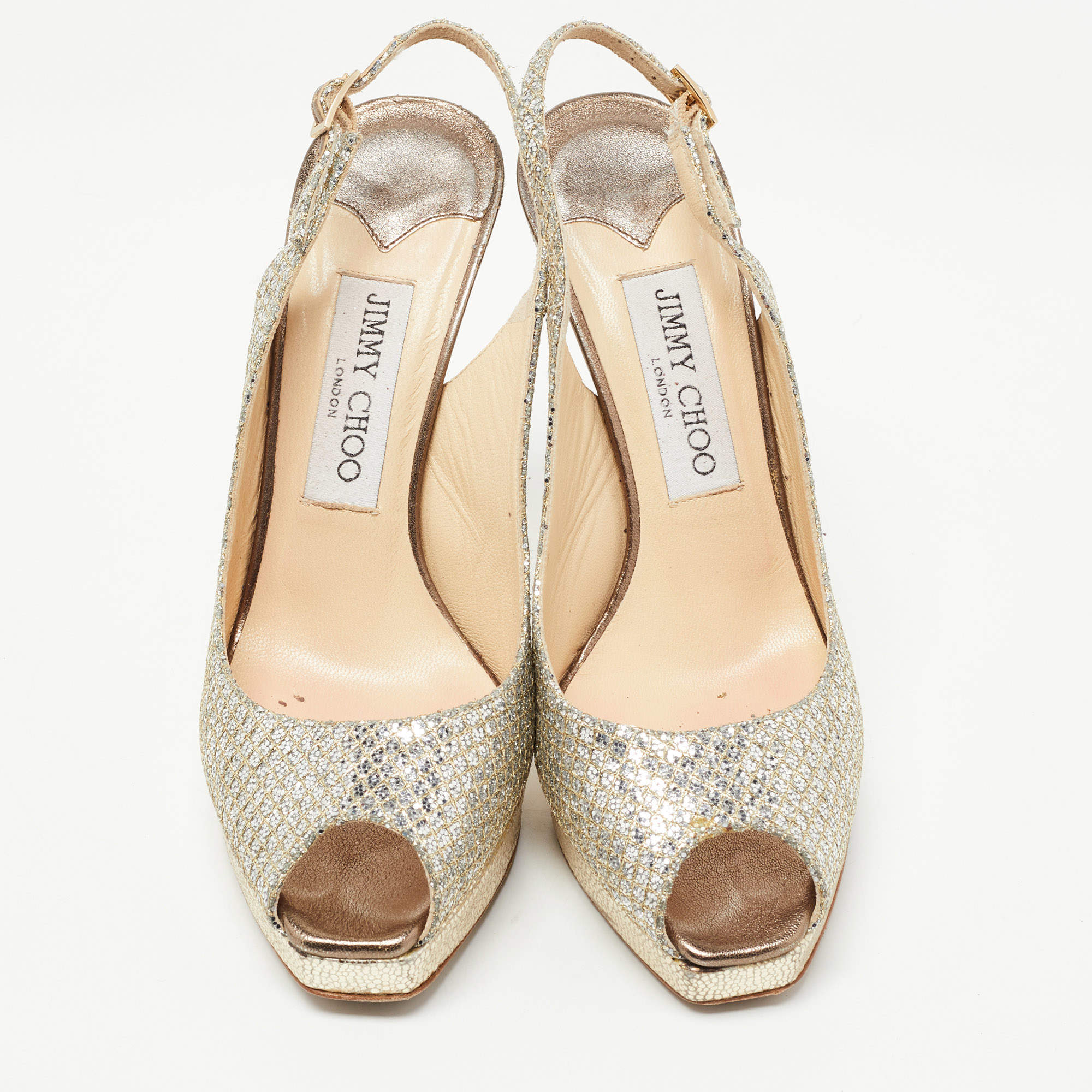 Jimmy Choo Clue Gold Glitter Sparkle Peep Toe Sling Back High Heels Pumps  Shoes Size 9.5 - $100 - From Galore