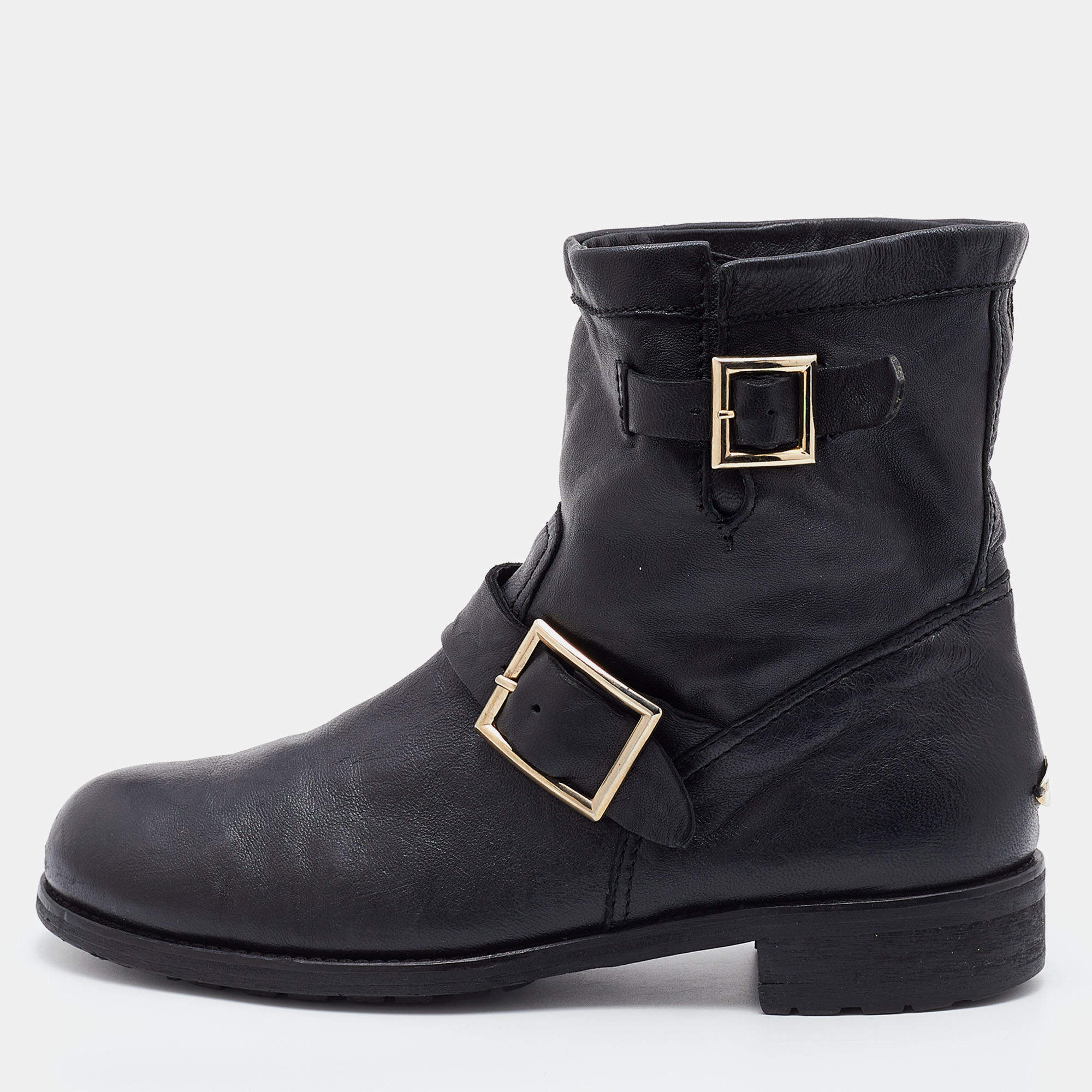 Pre Owned Jimmy Choo Black Leather Buckle Detail Ankle Boots Size 40