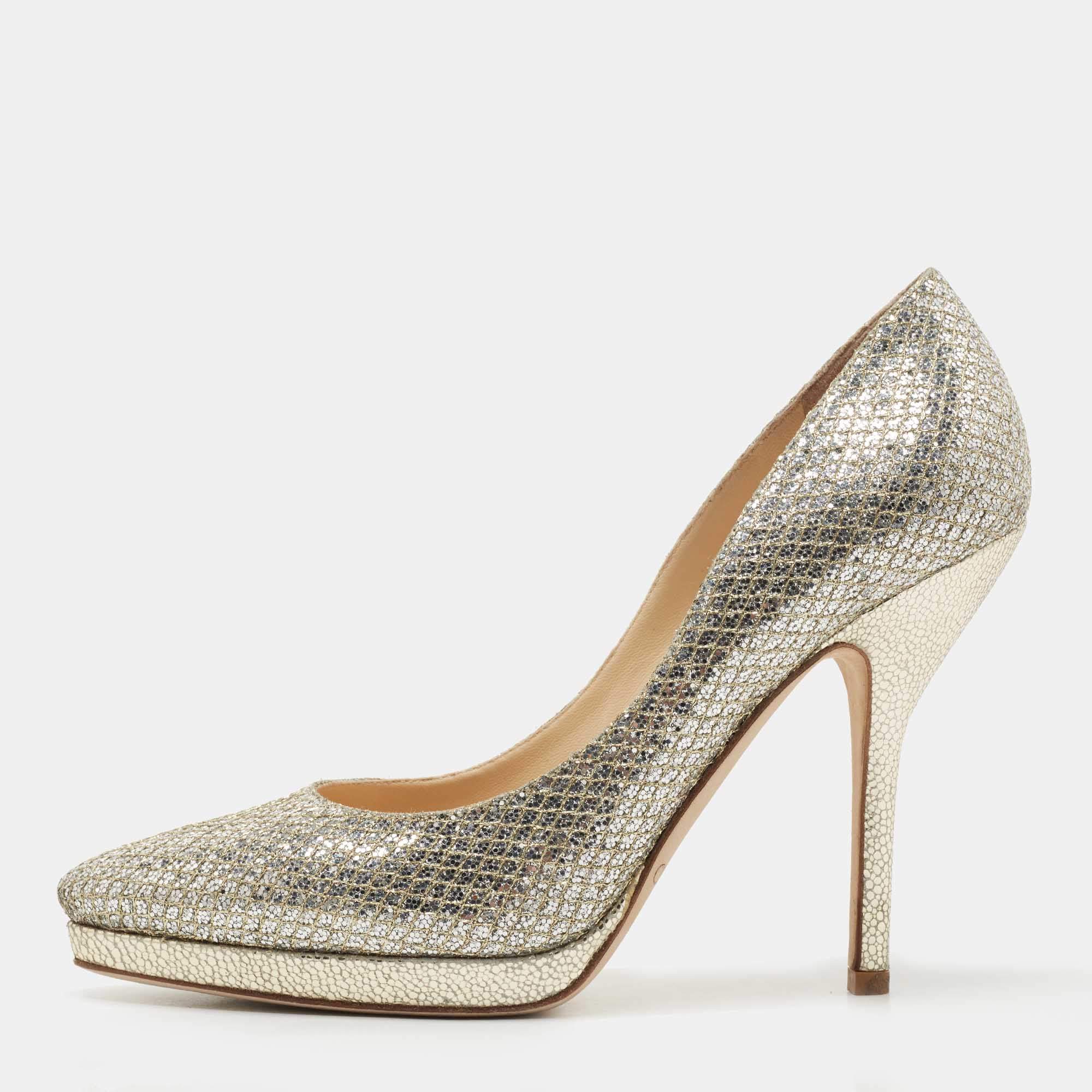 Jimmy Choo Silver Glitter and Leather Platform Pumps Size 37.5